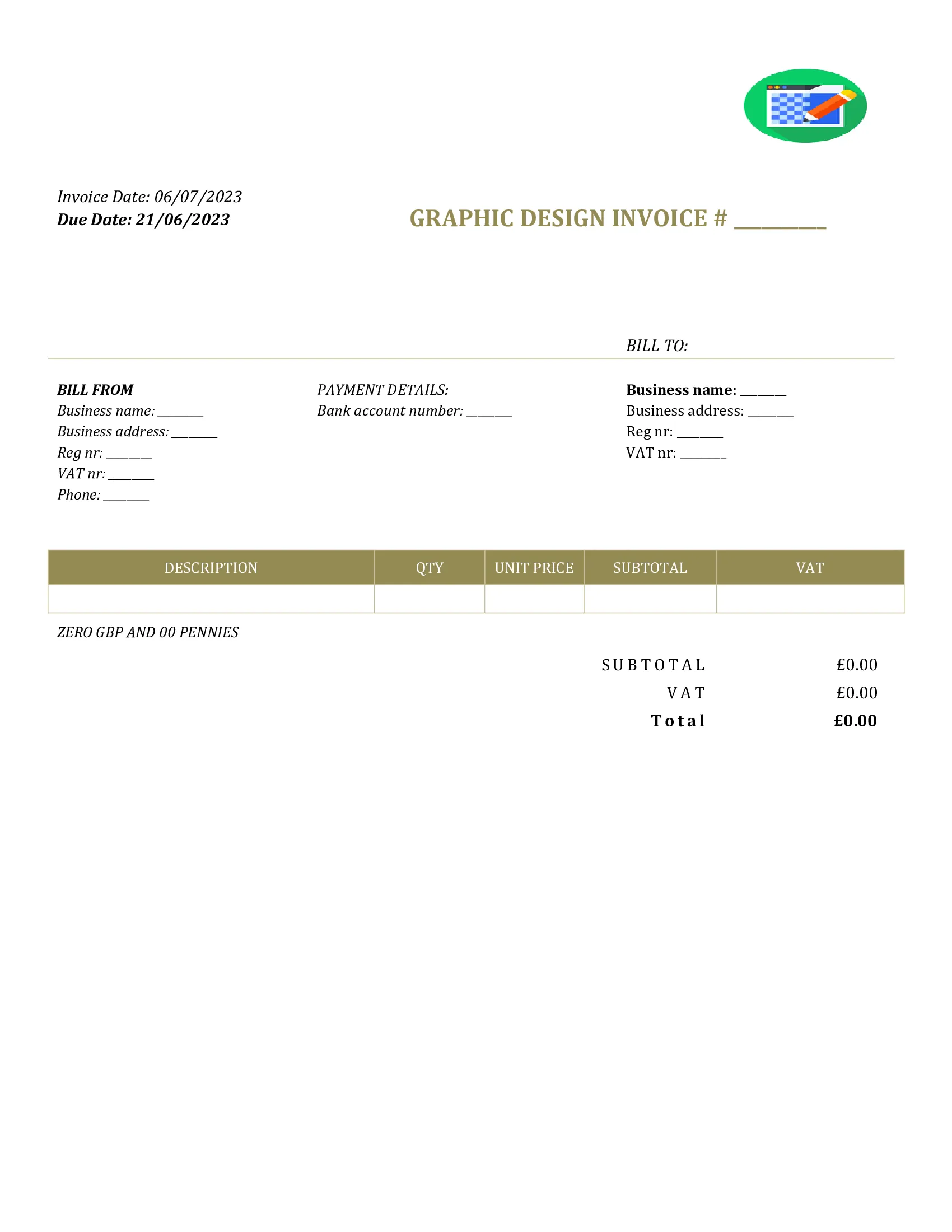 generic graphic design invoice template UK Word / Google docs
