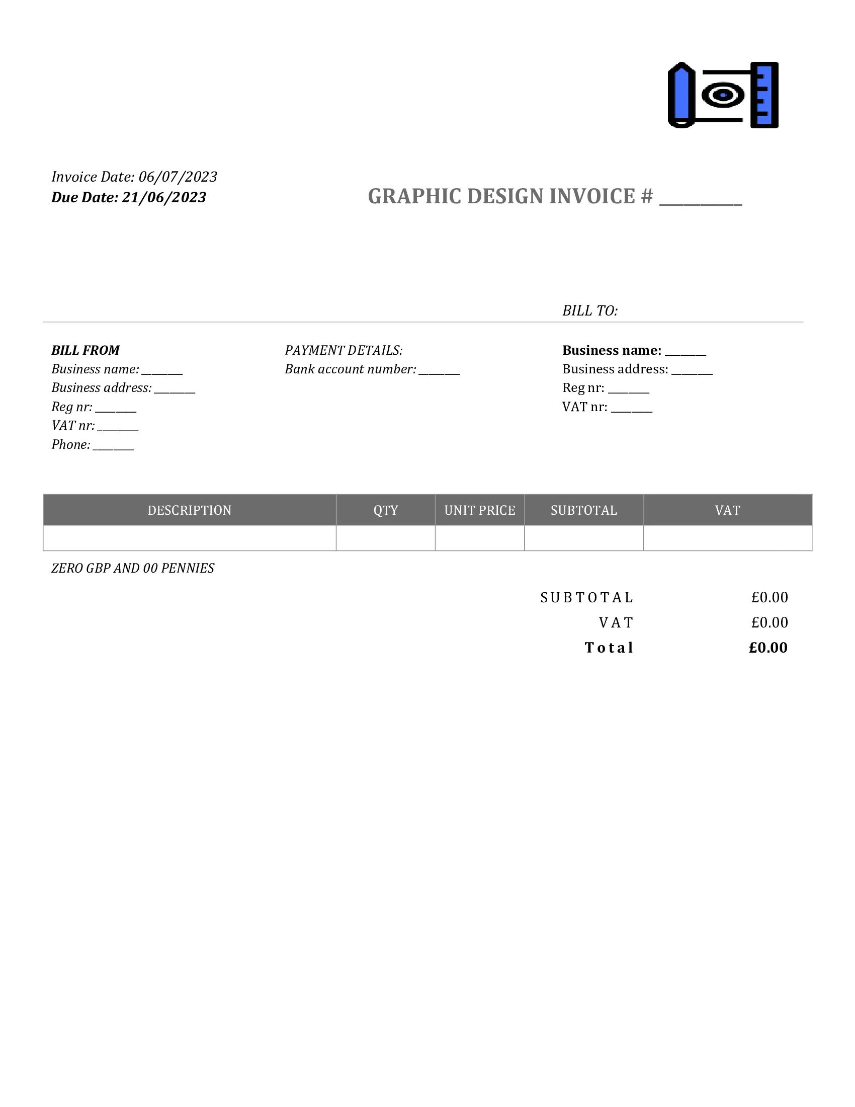 standart graphic design invoice template UK Word / Google docs