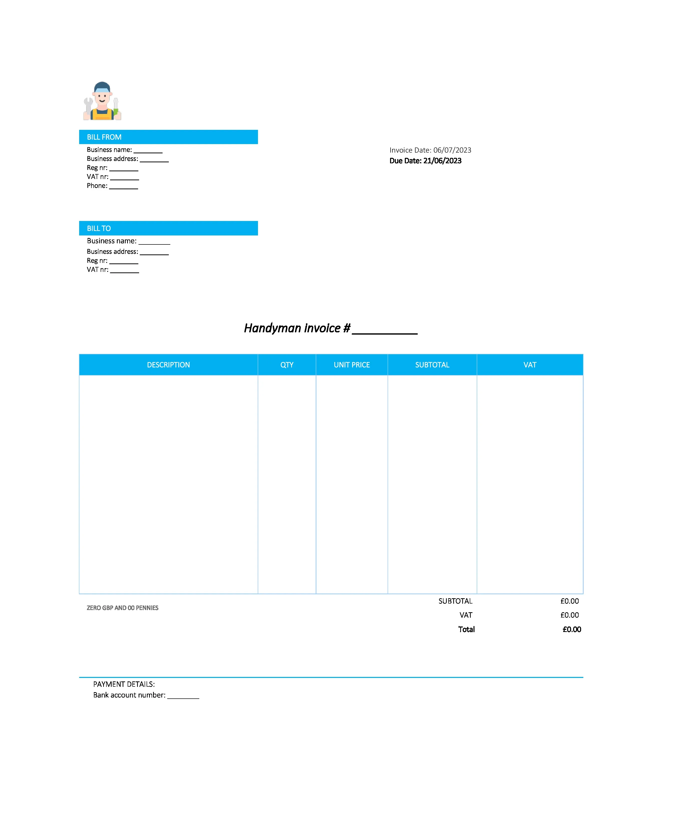 electronic handyman invoice template UK Excel / Google sheets