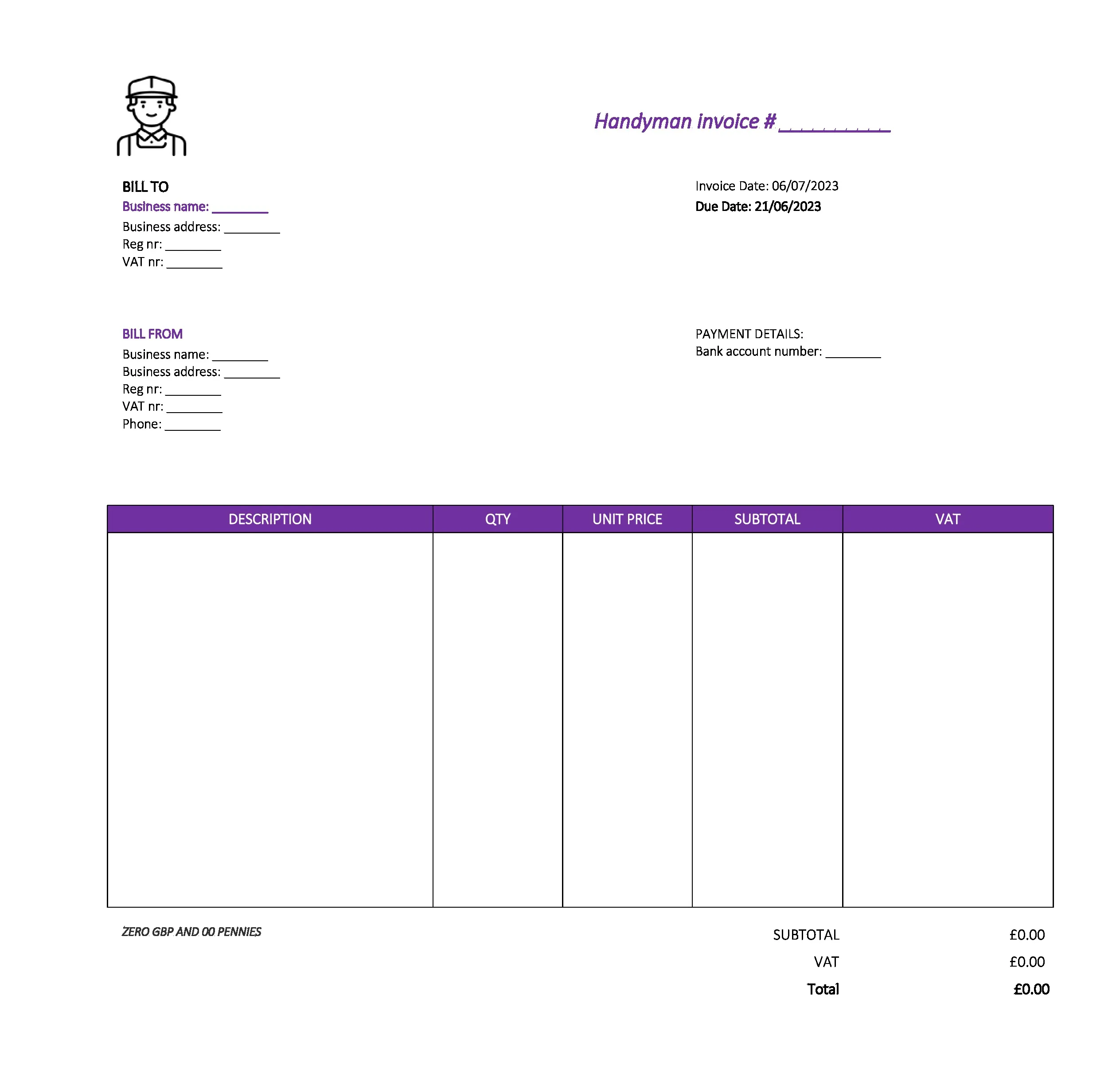 cool handyman invoice template UK Excel / Google sheets