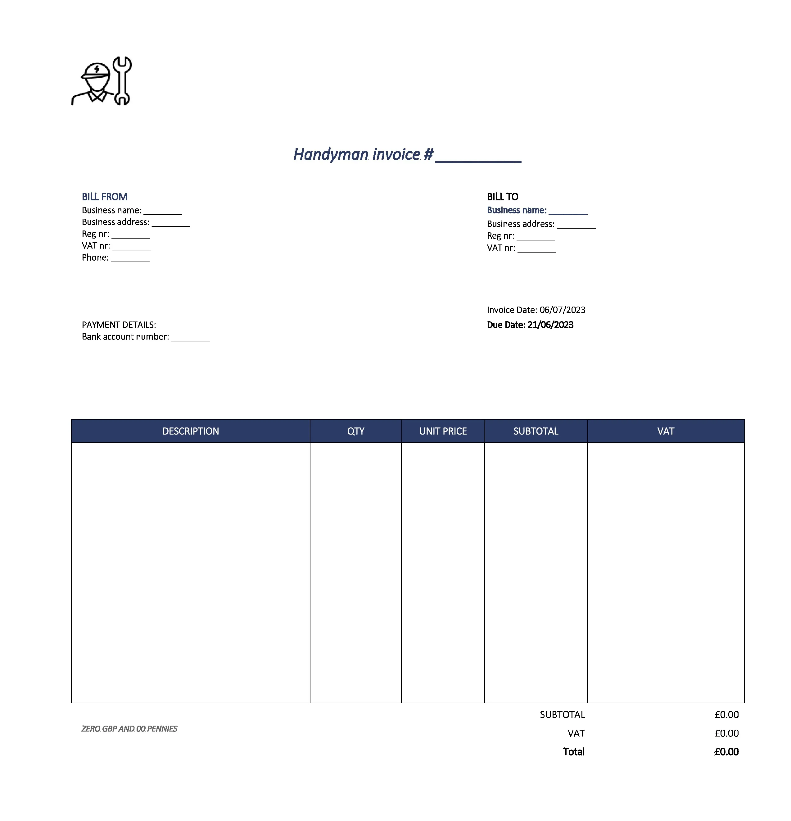 detailed handyman invoice template UK Excel / Google sheets