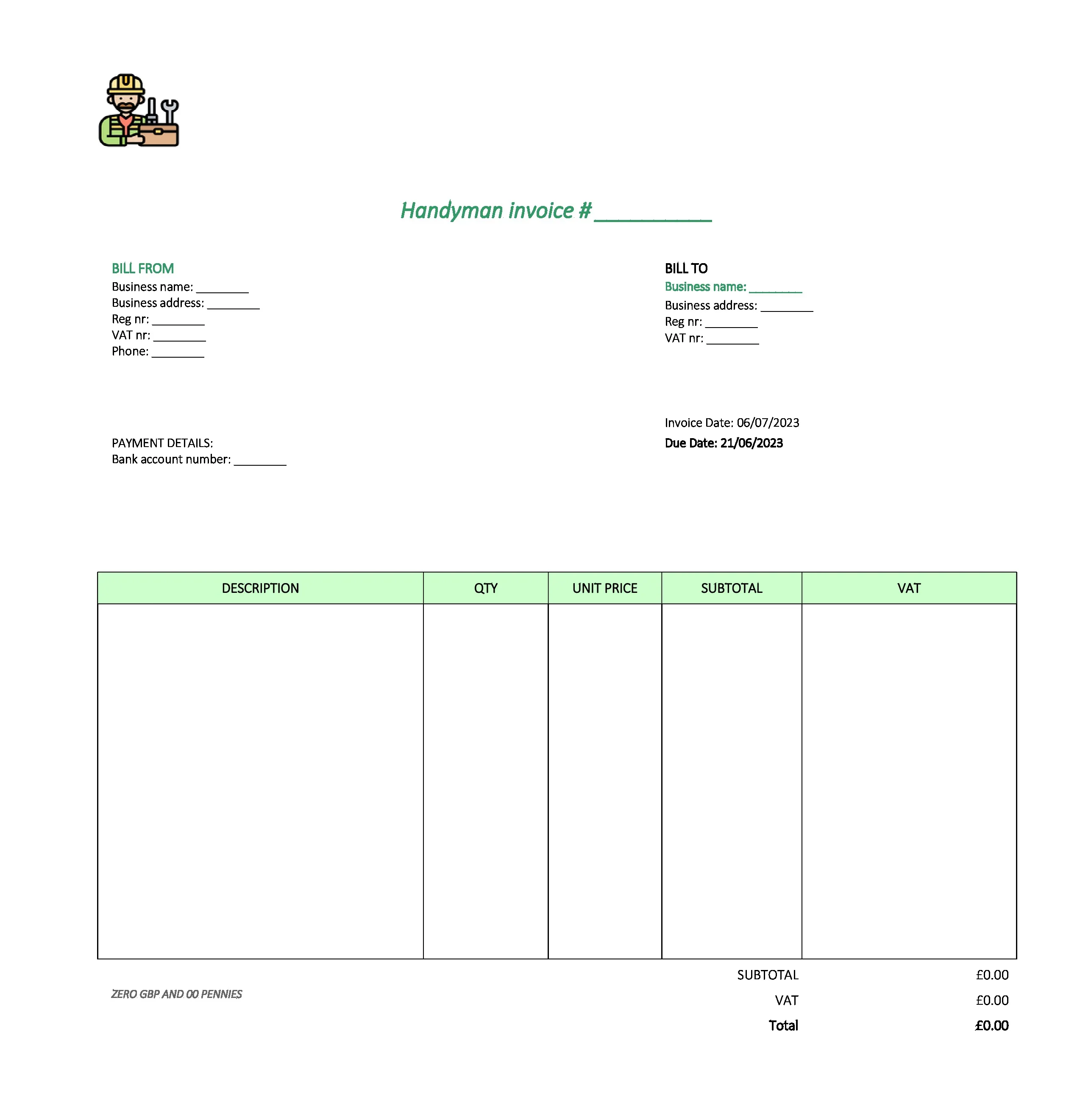 with logo handyman invoice template UK Excel / Google sheets