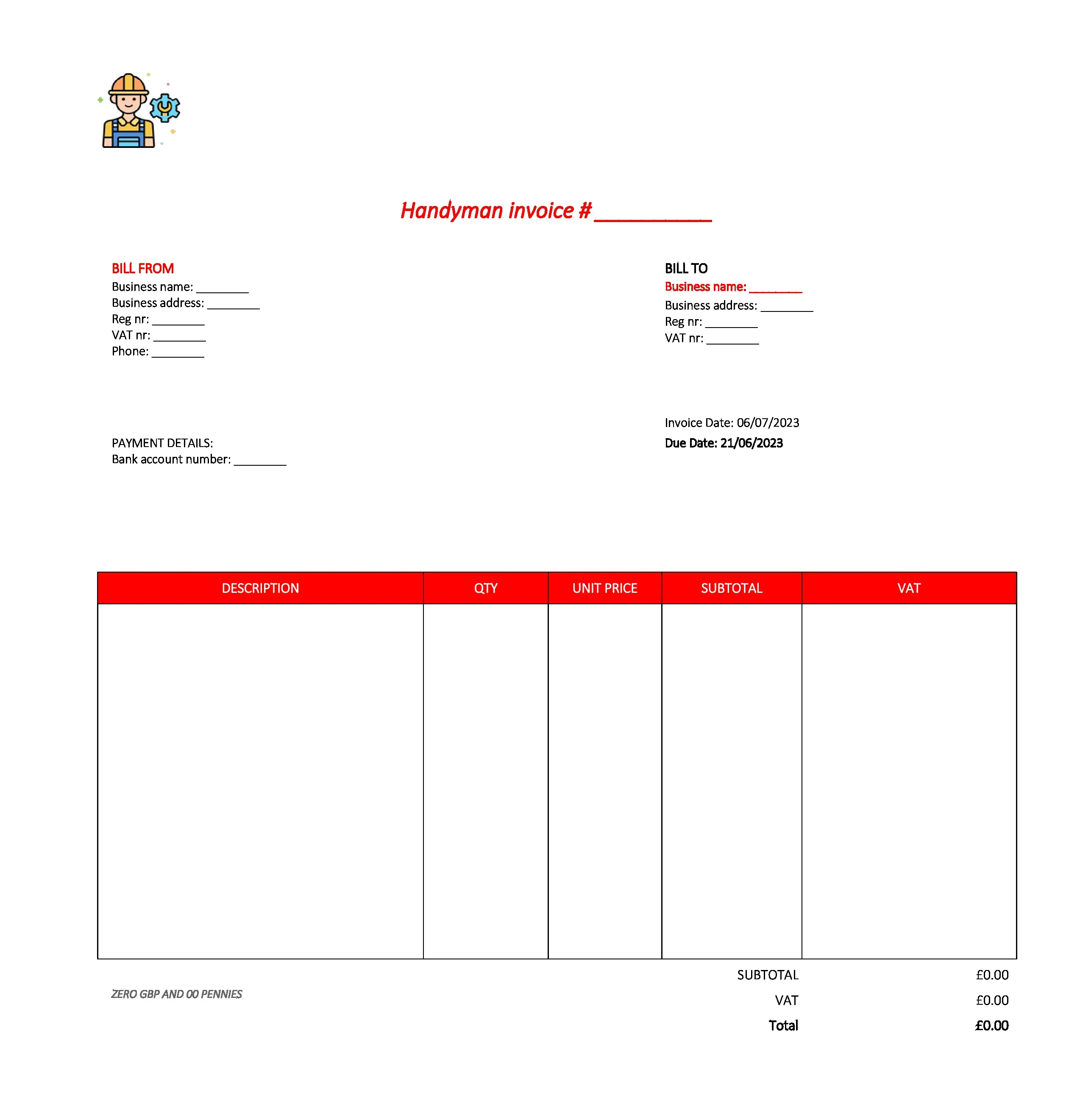 professional handyman invoice template UK Excel / Google sheets
