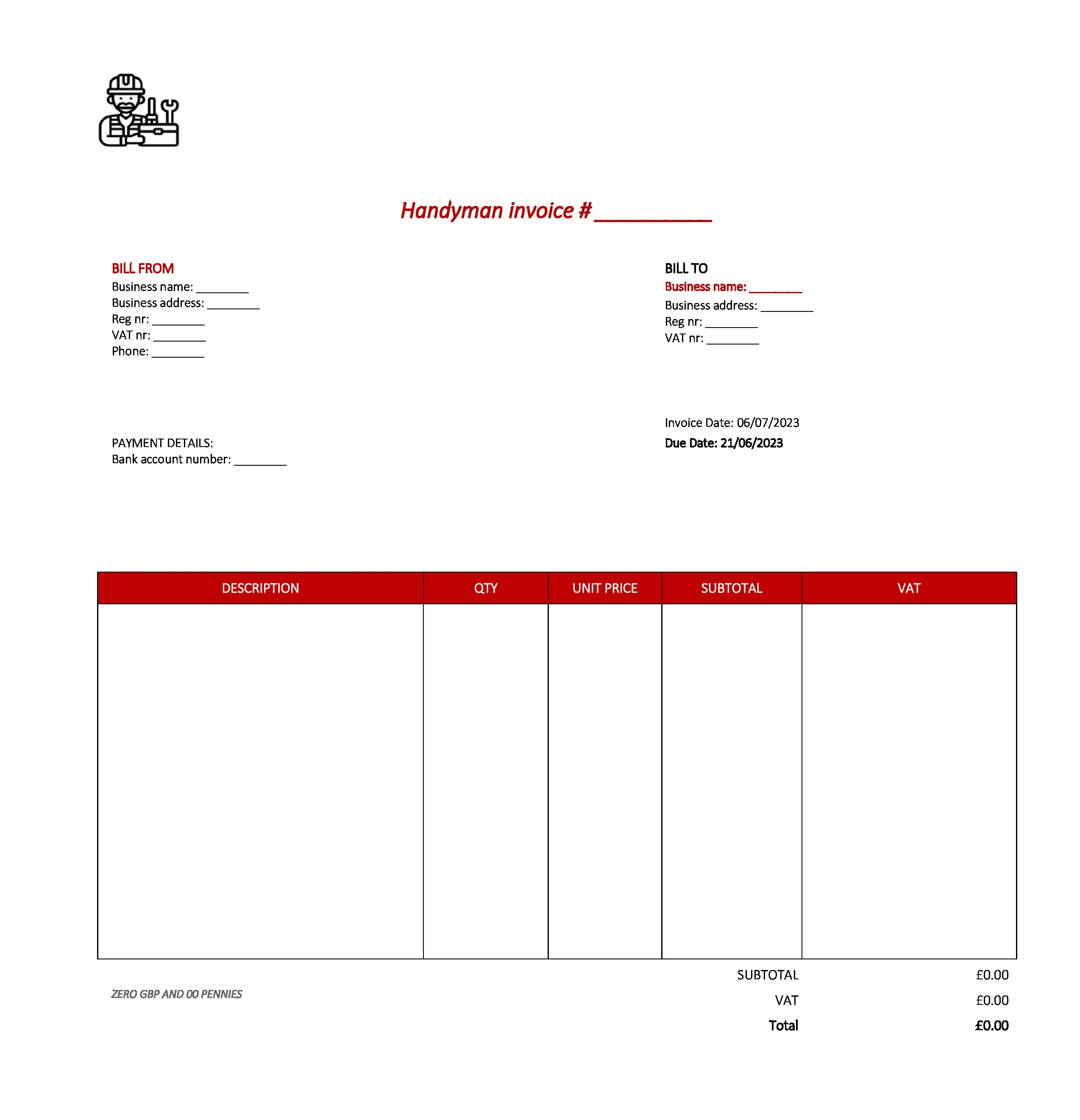 best handyman invoice template UK Excel / Google sheets