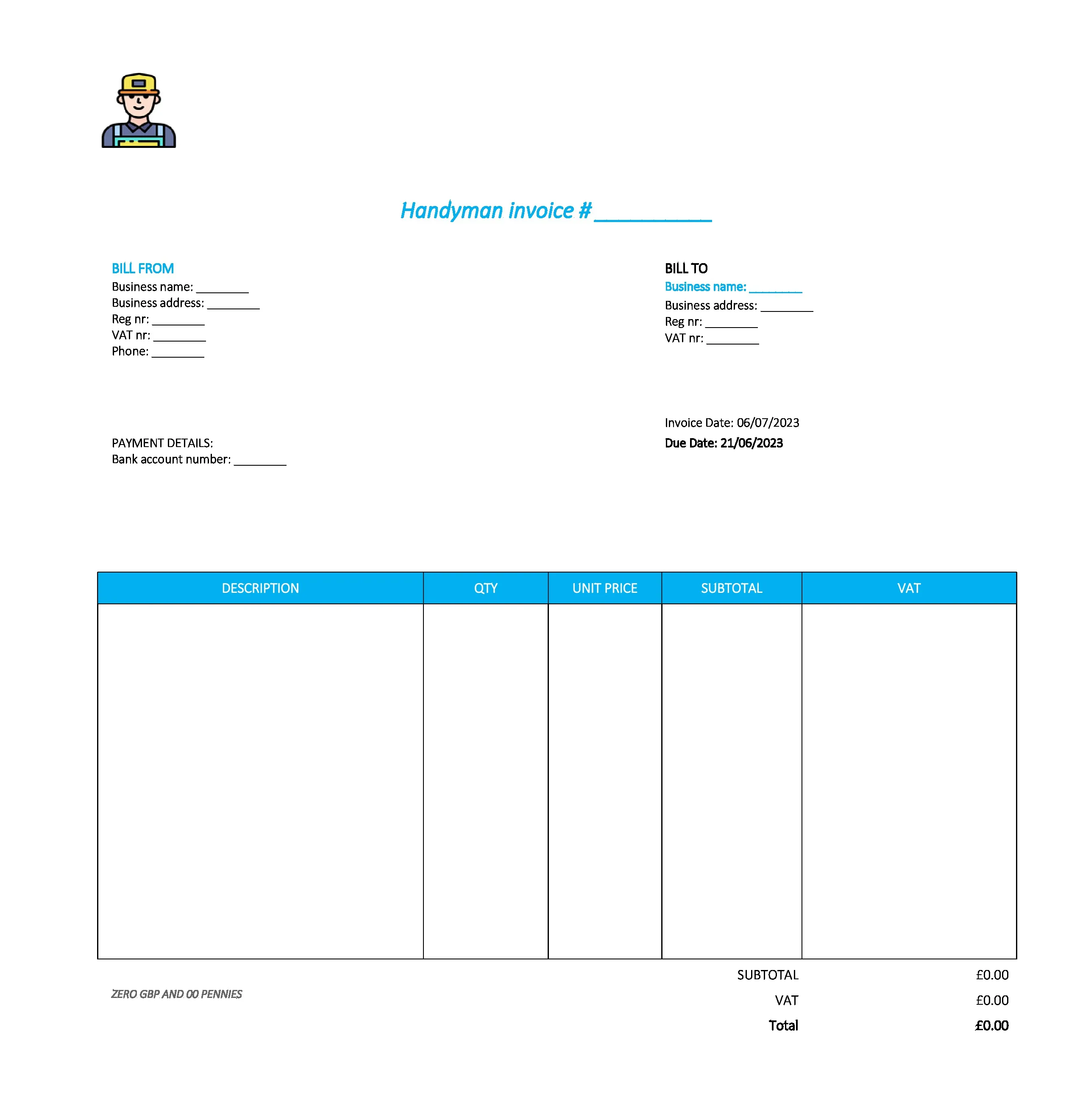 good handyman invoice template UK Excel / Google sheets