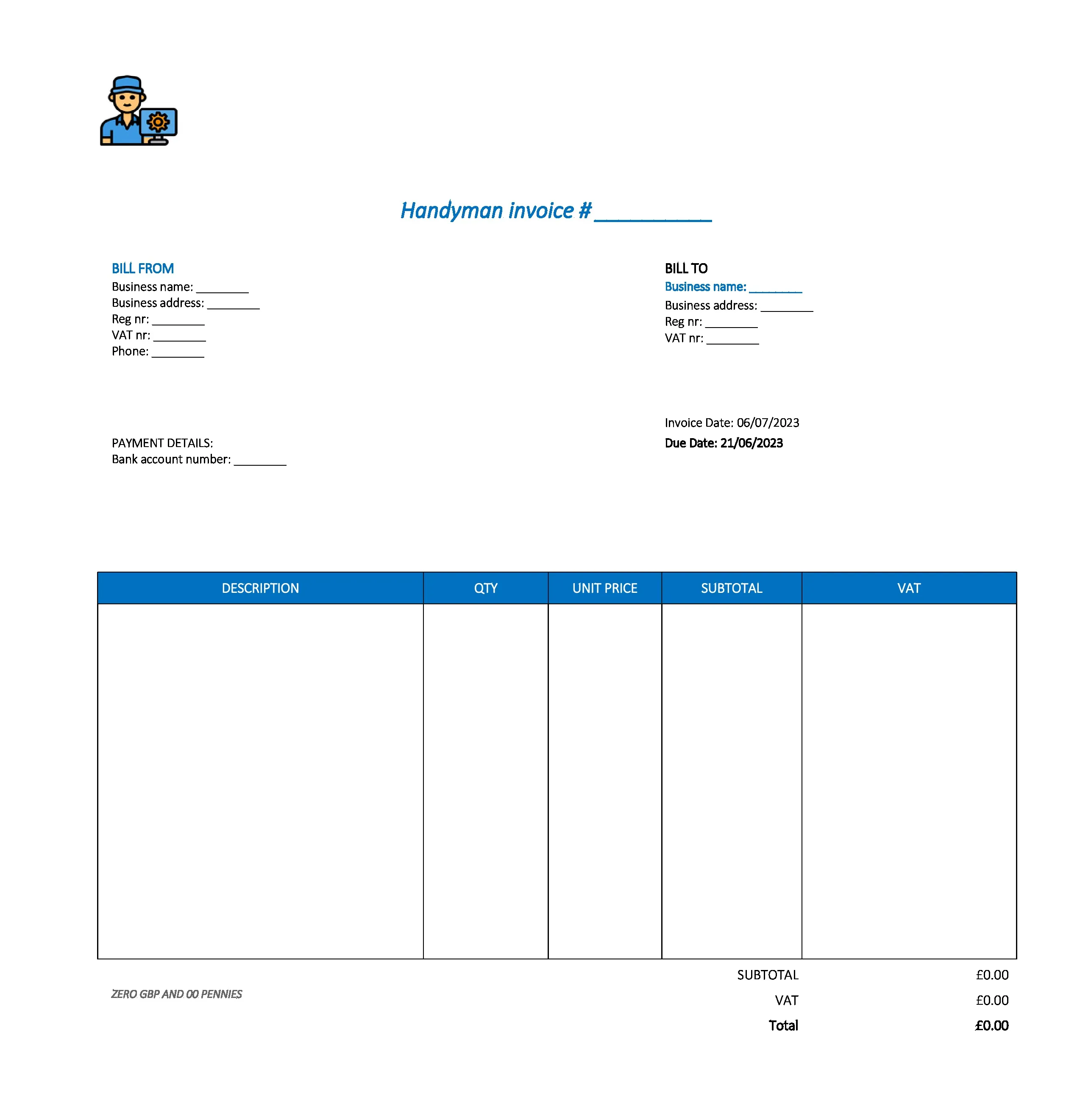 typical handyman invoice template UK Excel / Google sheets