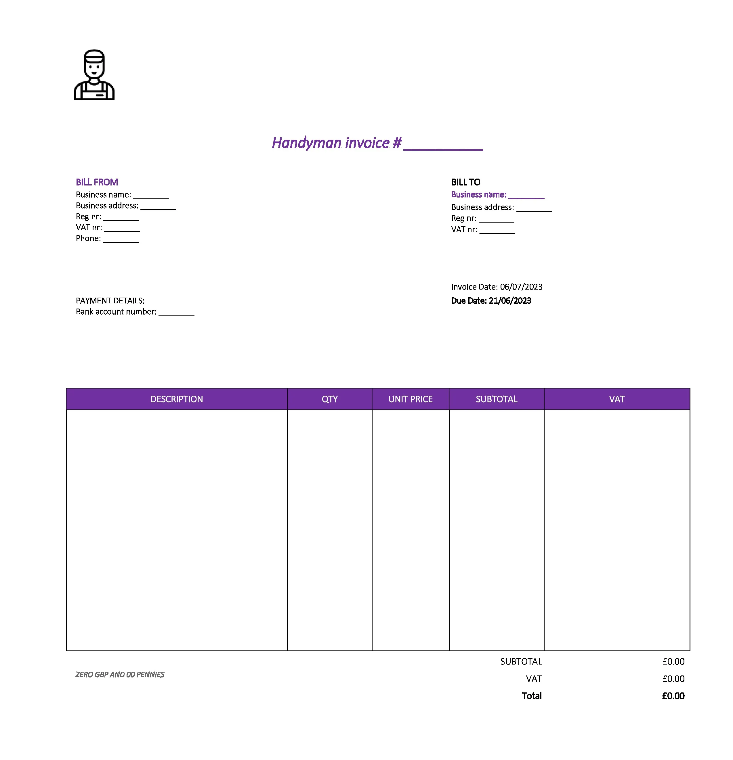 pretty handyman invoice template UK Excel / Google sheets