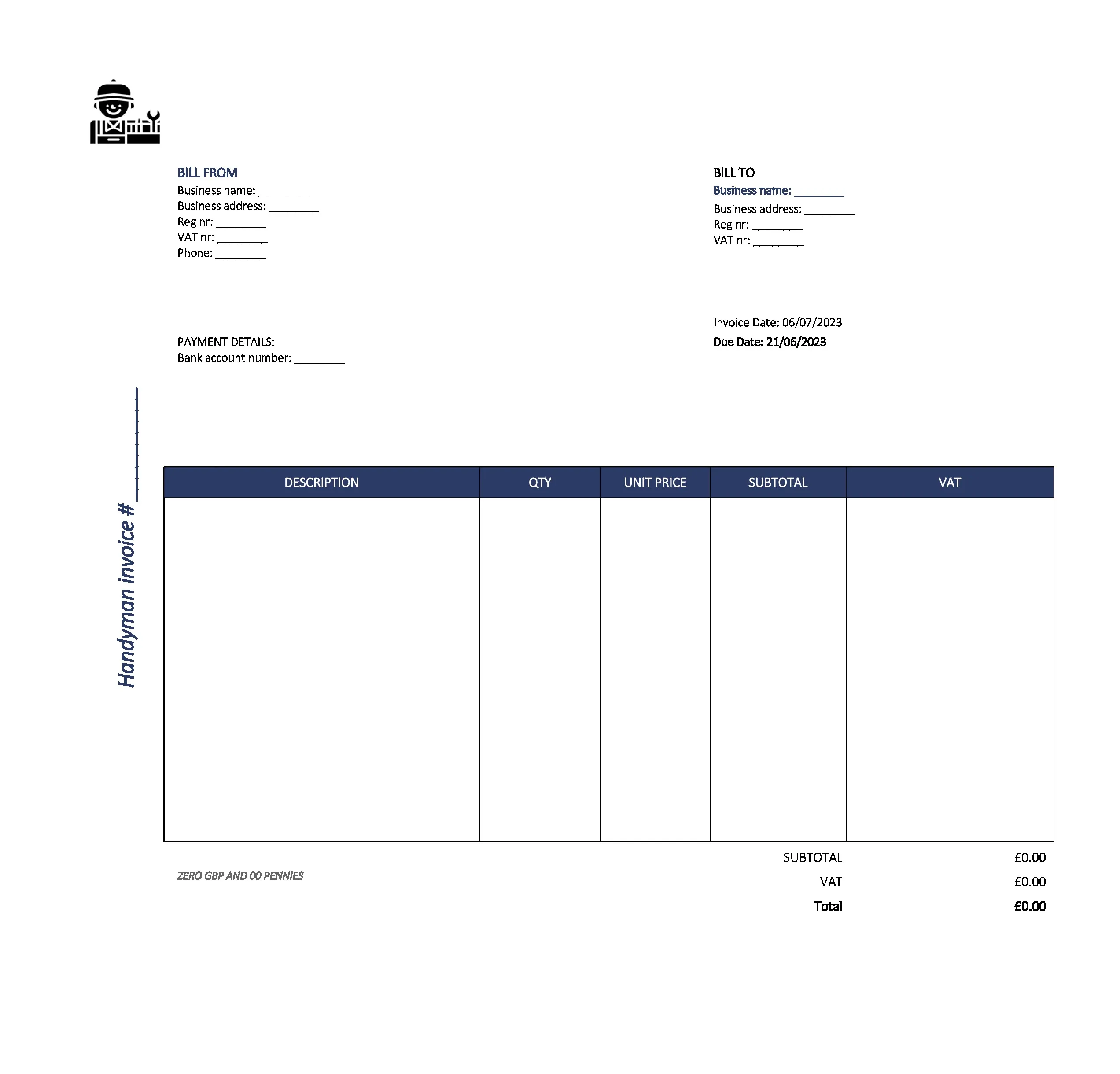 new handyman invoice template UK Excel / Google sheets