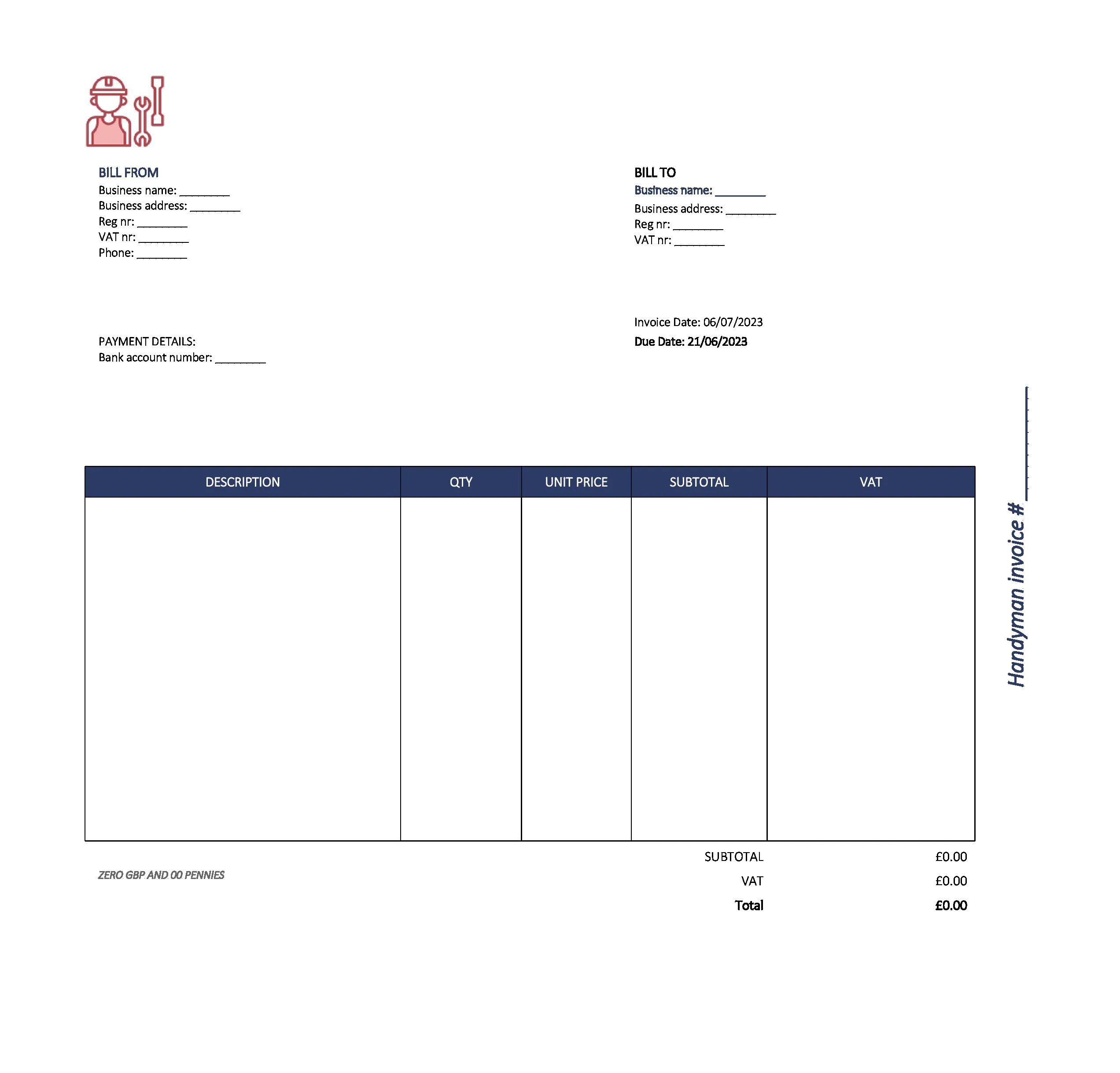 beautiful handyman invoice template UK Excel / Google sheets