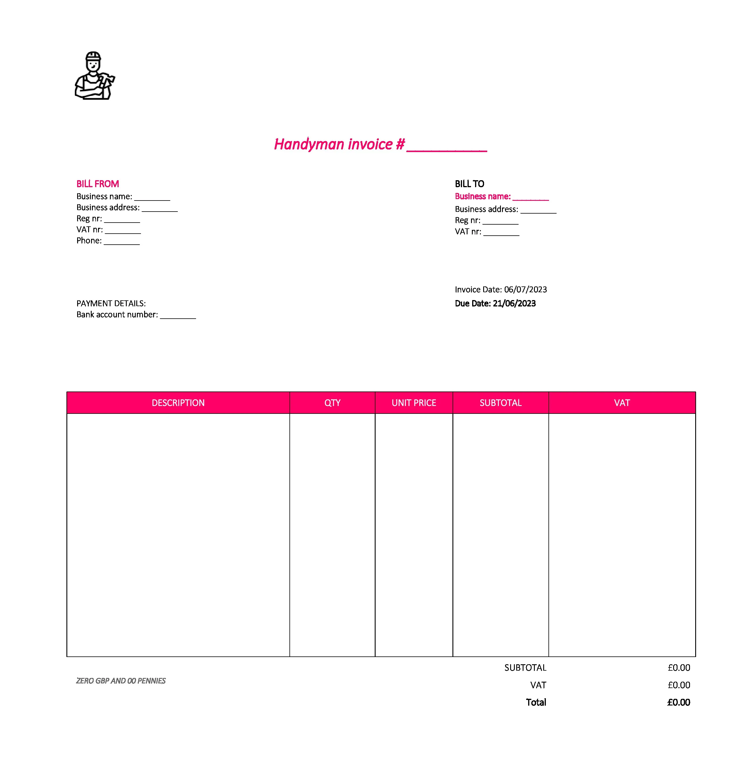 nice handyman invoice template UK Excel / Google sheets