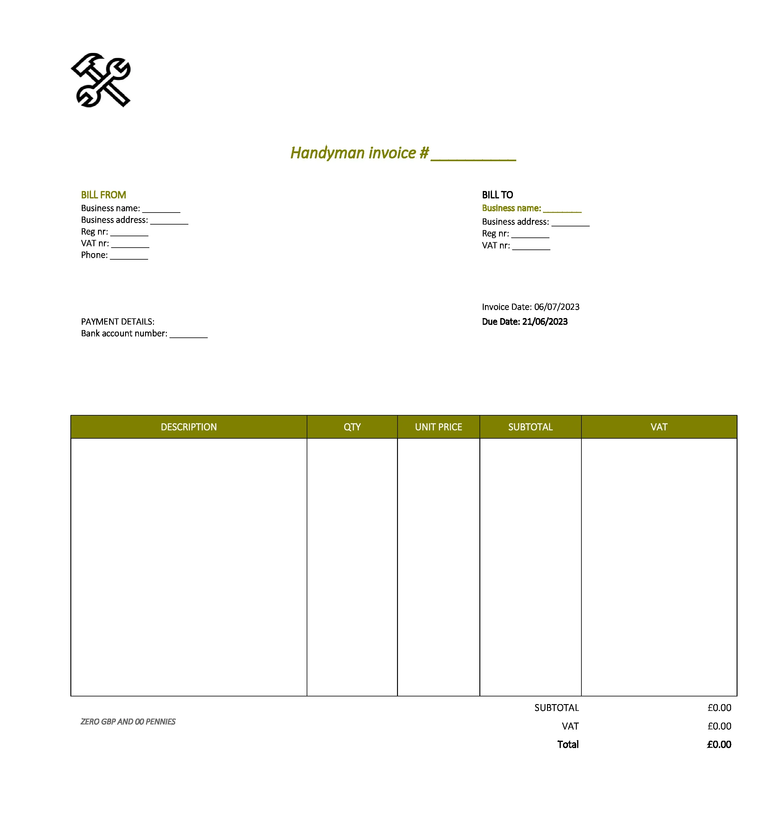 minimalist handyman invoice template UK Excel / Google sheets