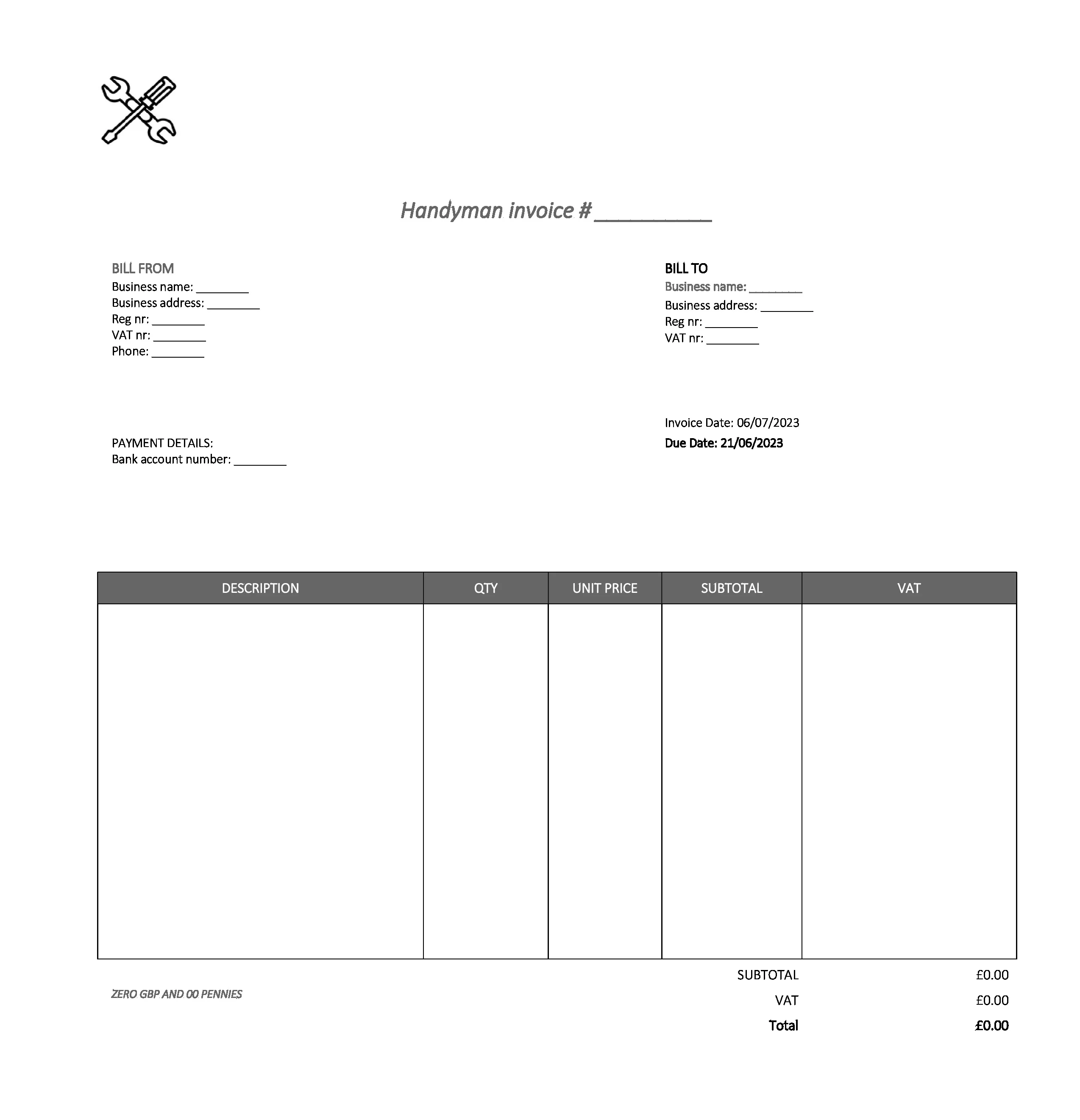 fancy handyman invoice template UK Excel / Google sheets