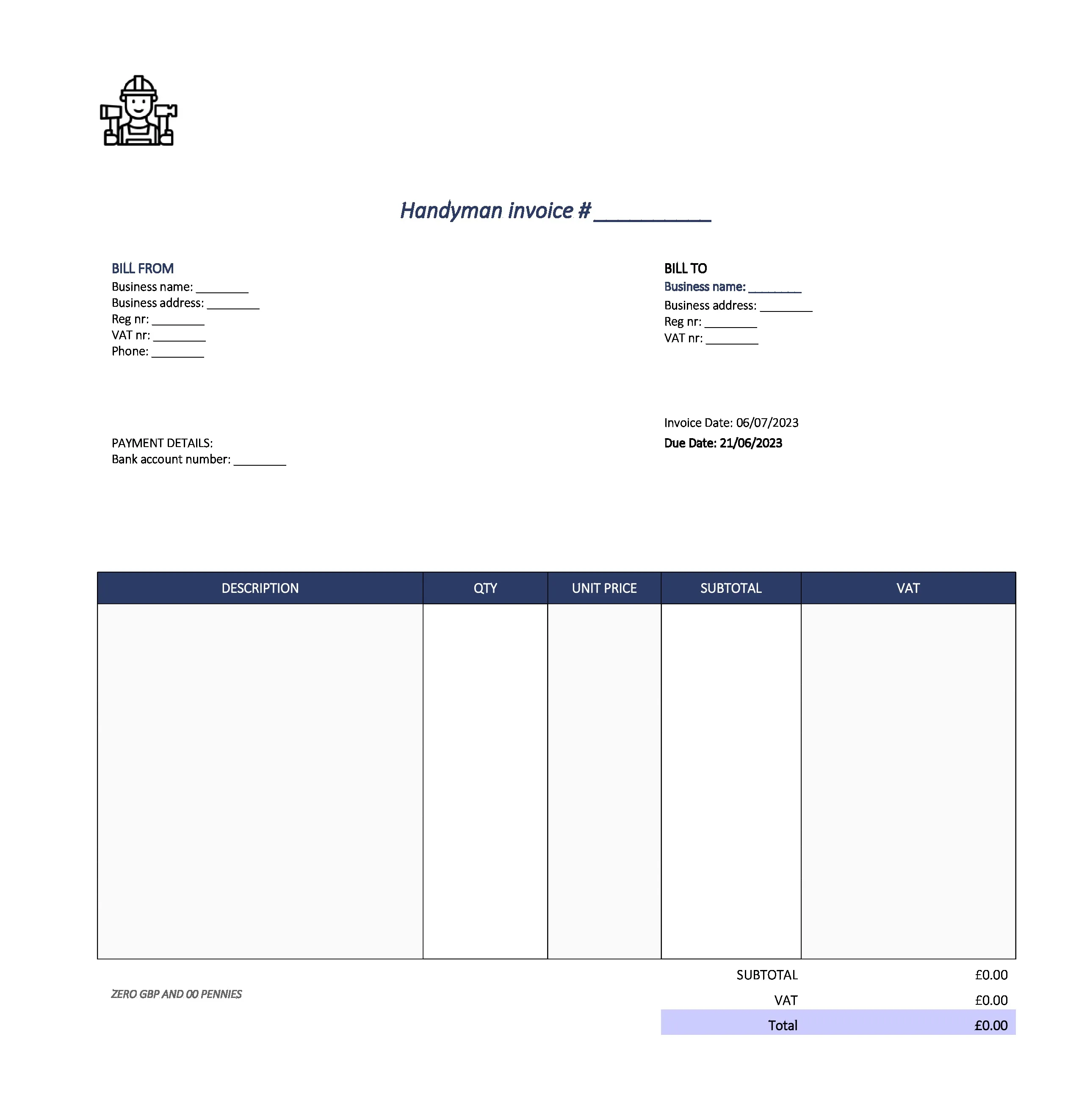 cute handyman invoice template UK Excel / Google sheets