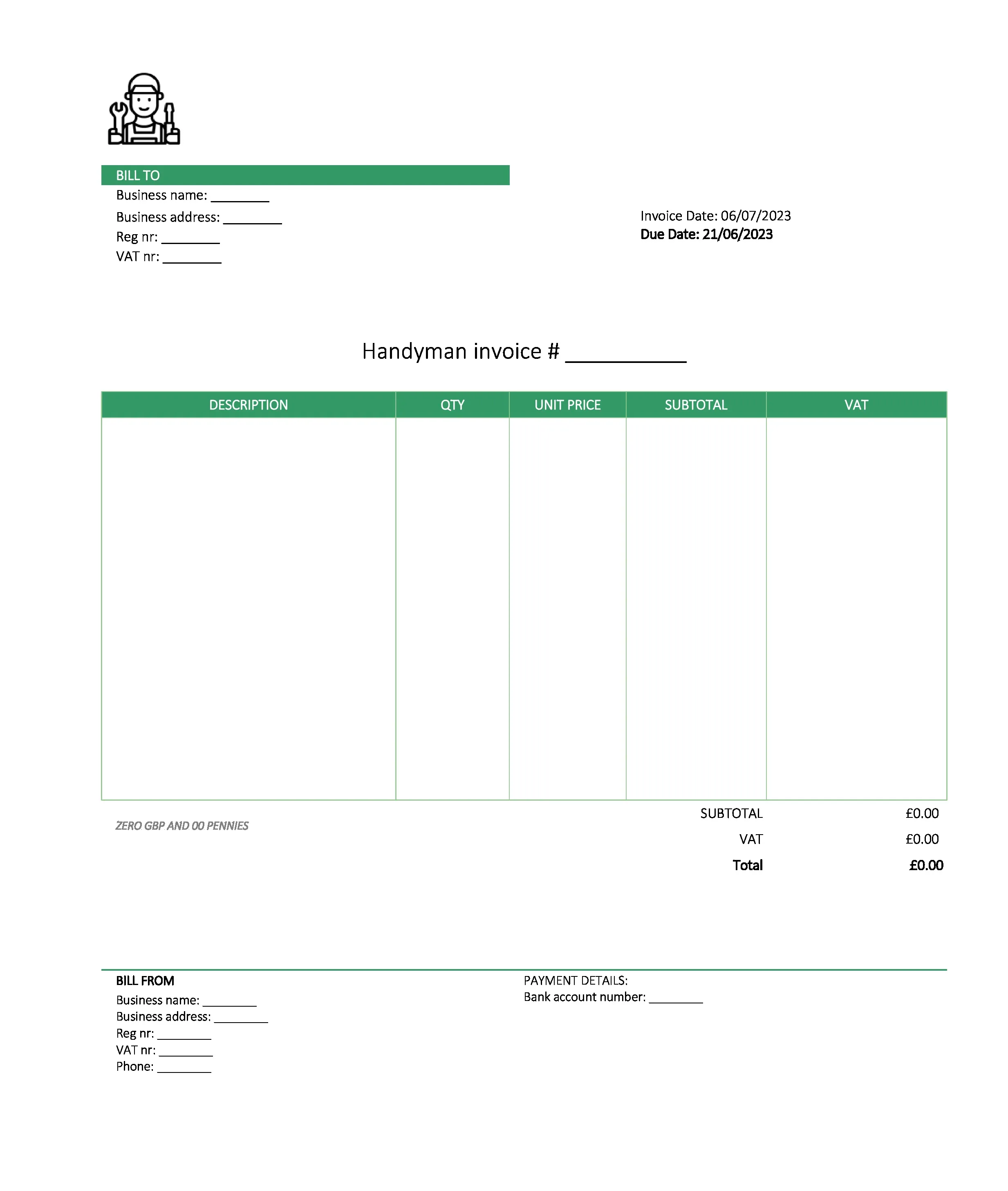 digital handyman invoice template UK Excel / Google sheets