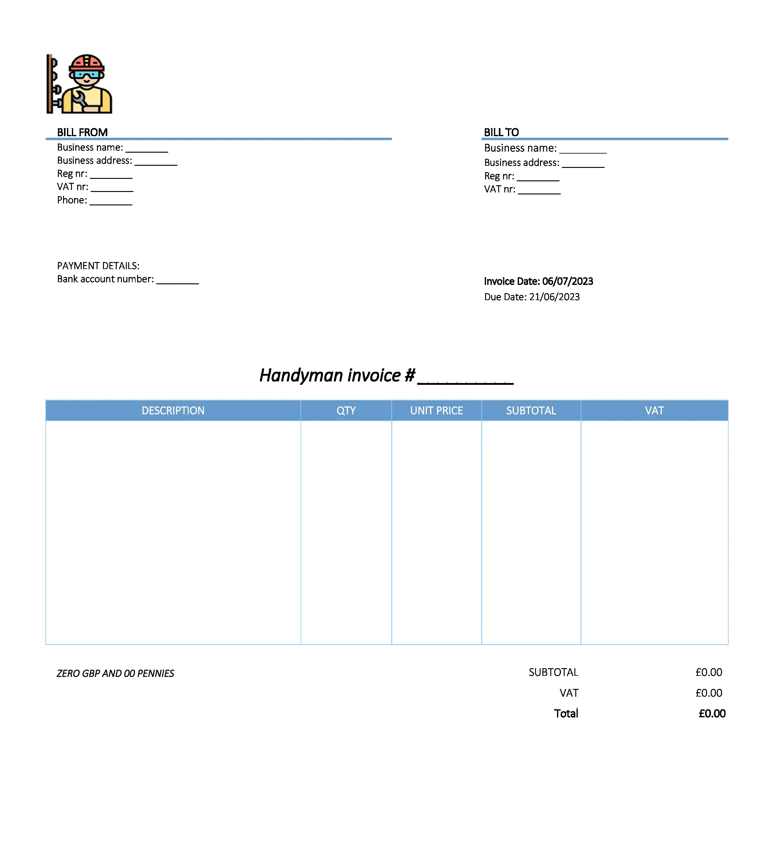 with bank details handyman invoice template UK Excel / Google sheets