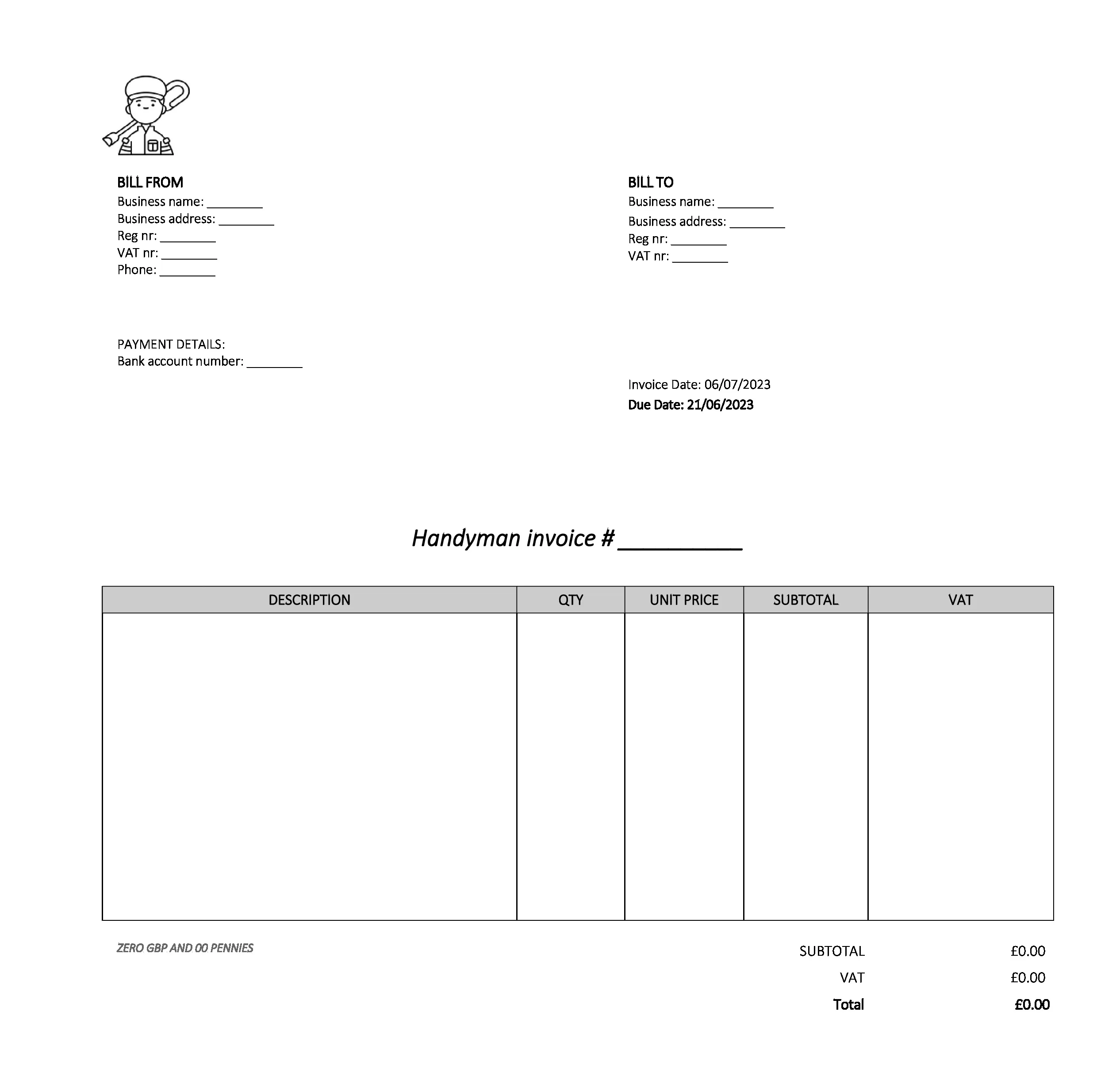 empty handyman invoice template UK Excel / Google sheets