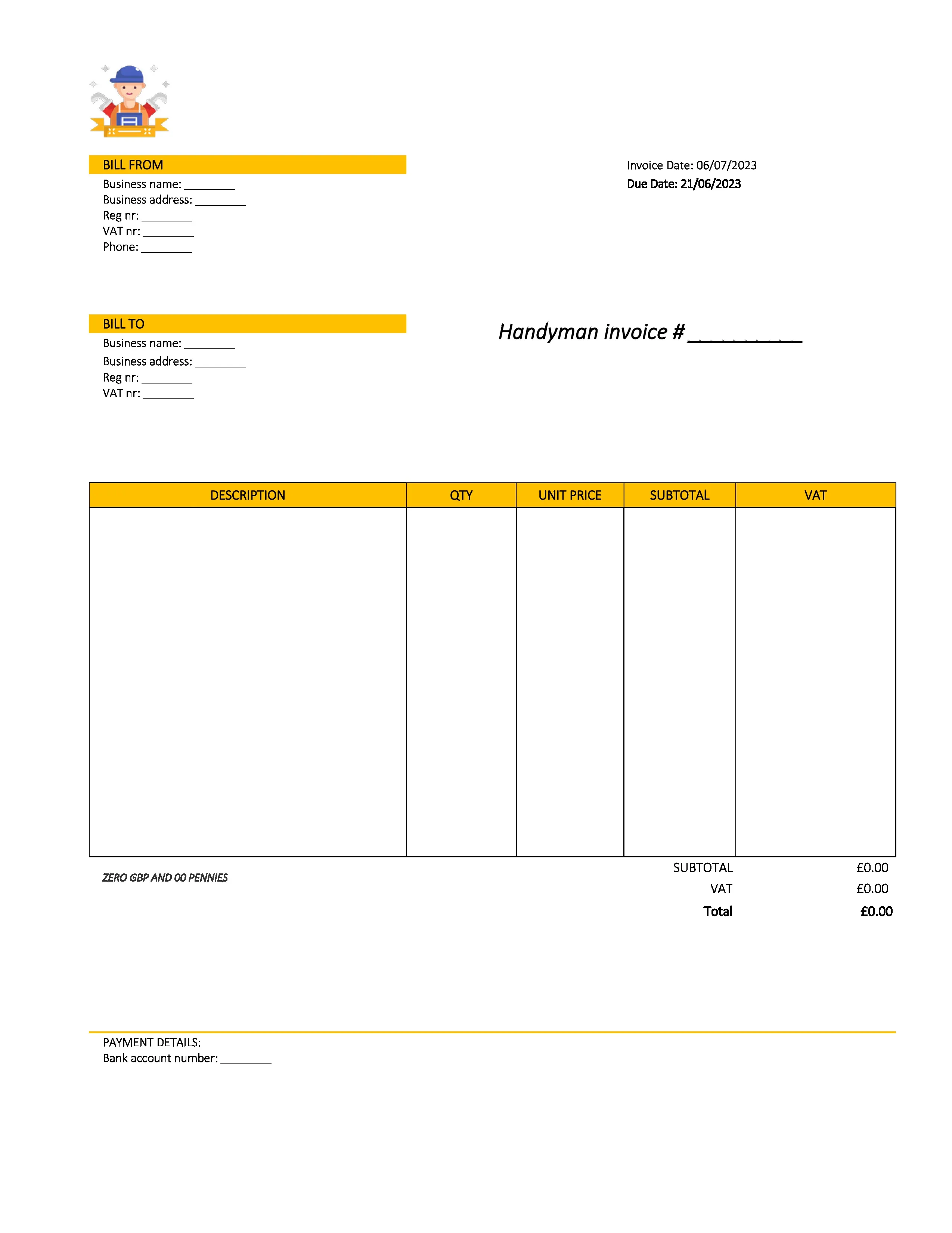creative handyman invoice template UK Excel / Google sheets