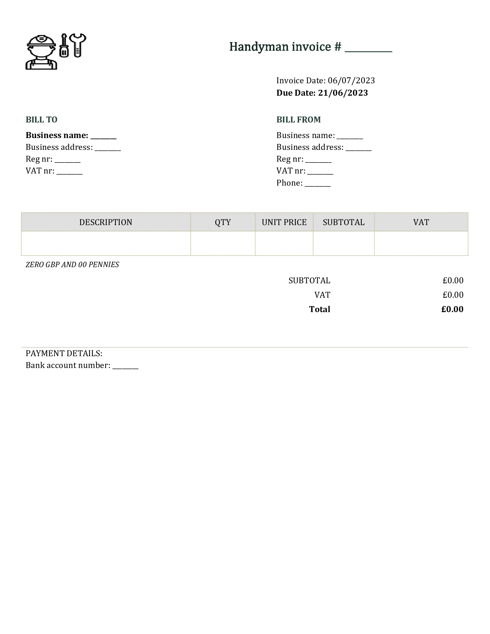 editable handyman invoice template UK Word / Google docs