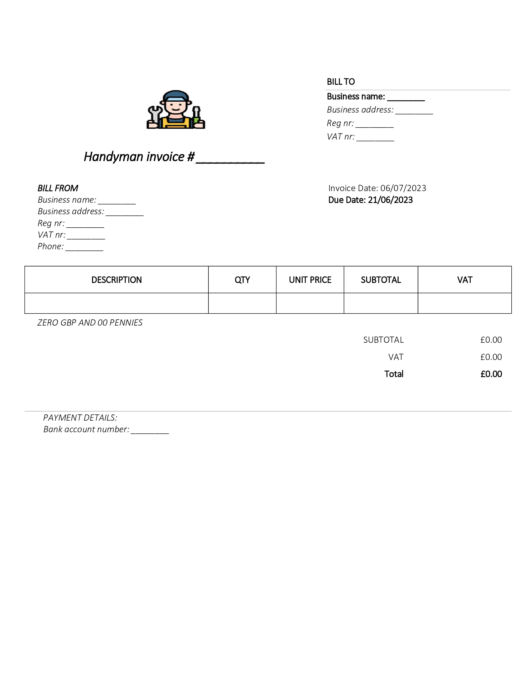 downloadable handyman invoice template UK Word / Google docs