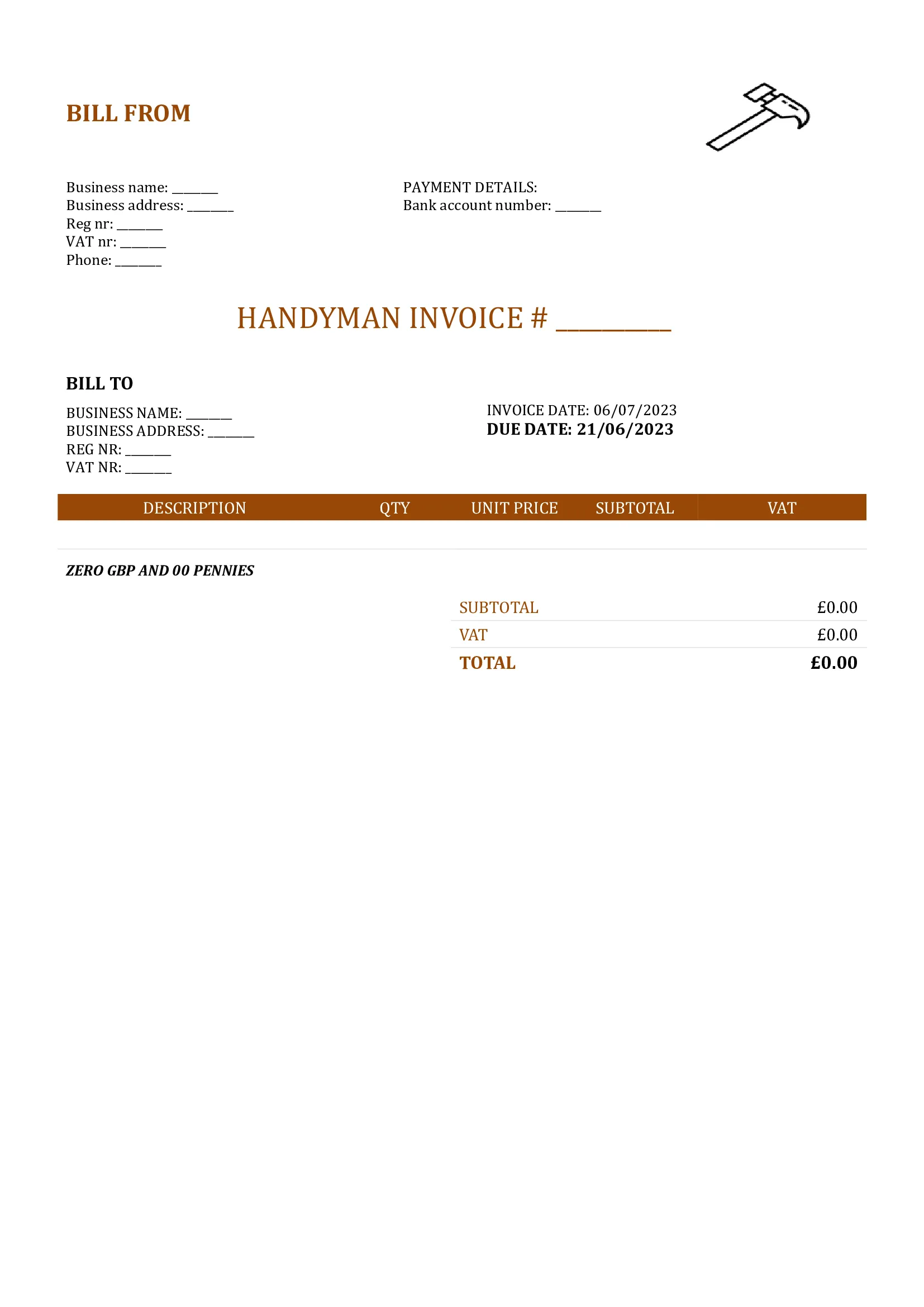 blank handyman invoice template UK Word / Google docs