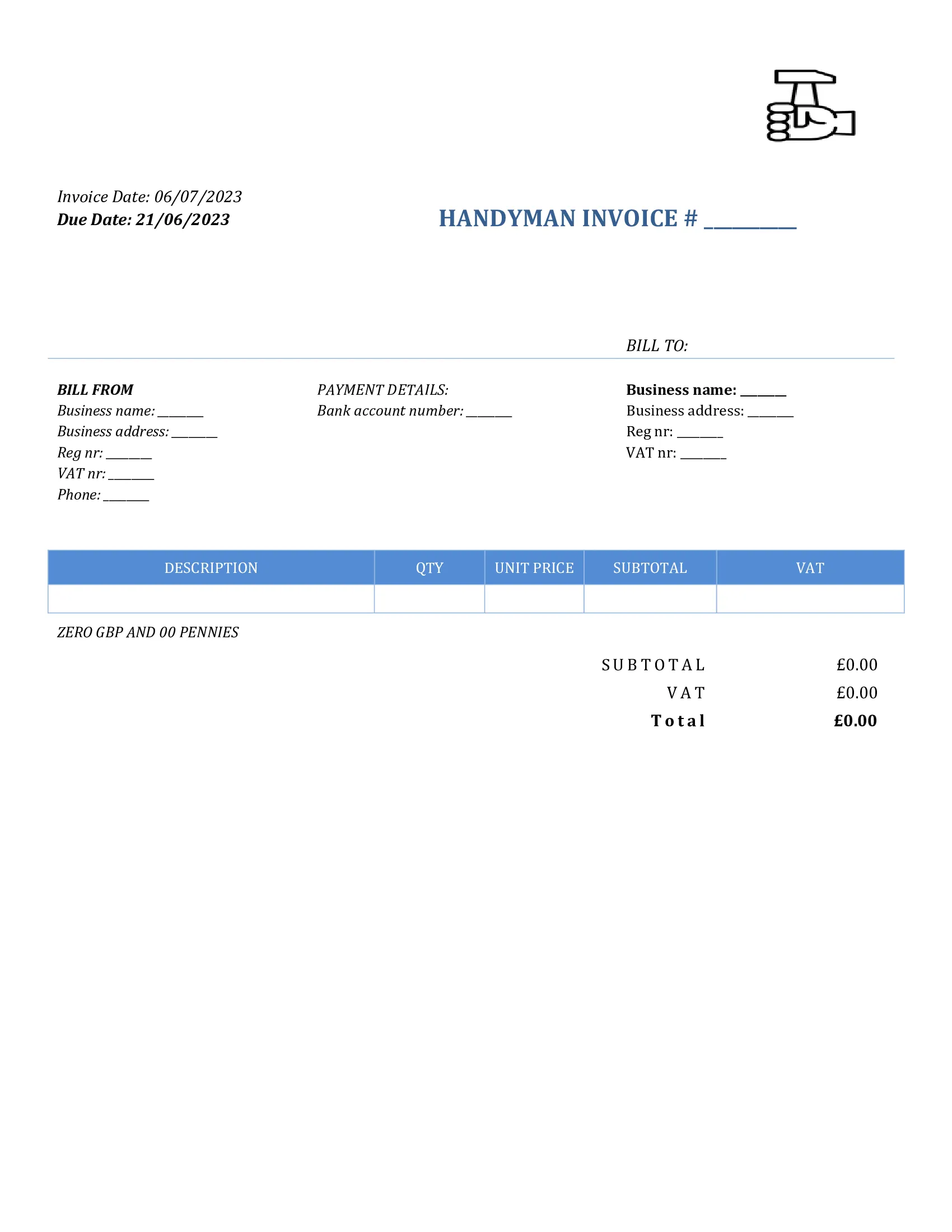 basic handyman invoice template UK Word / Google docs