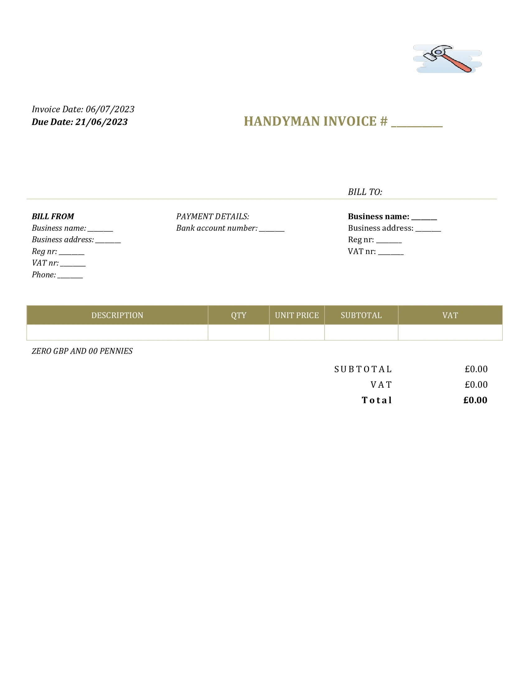 generic handyman invoice template UK Word / Google docs