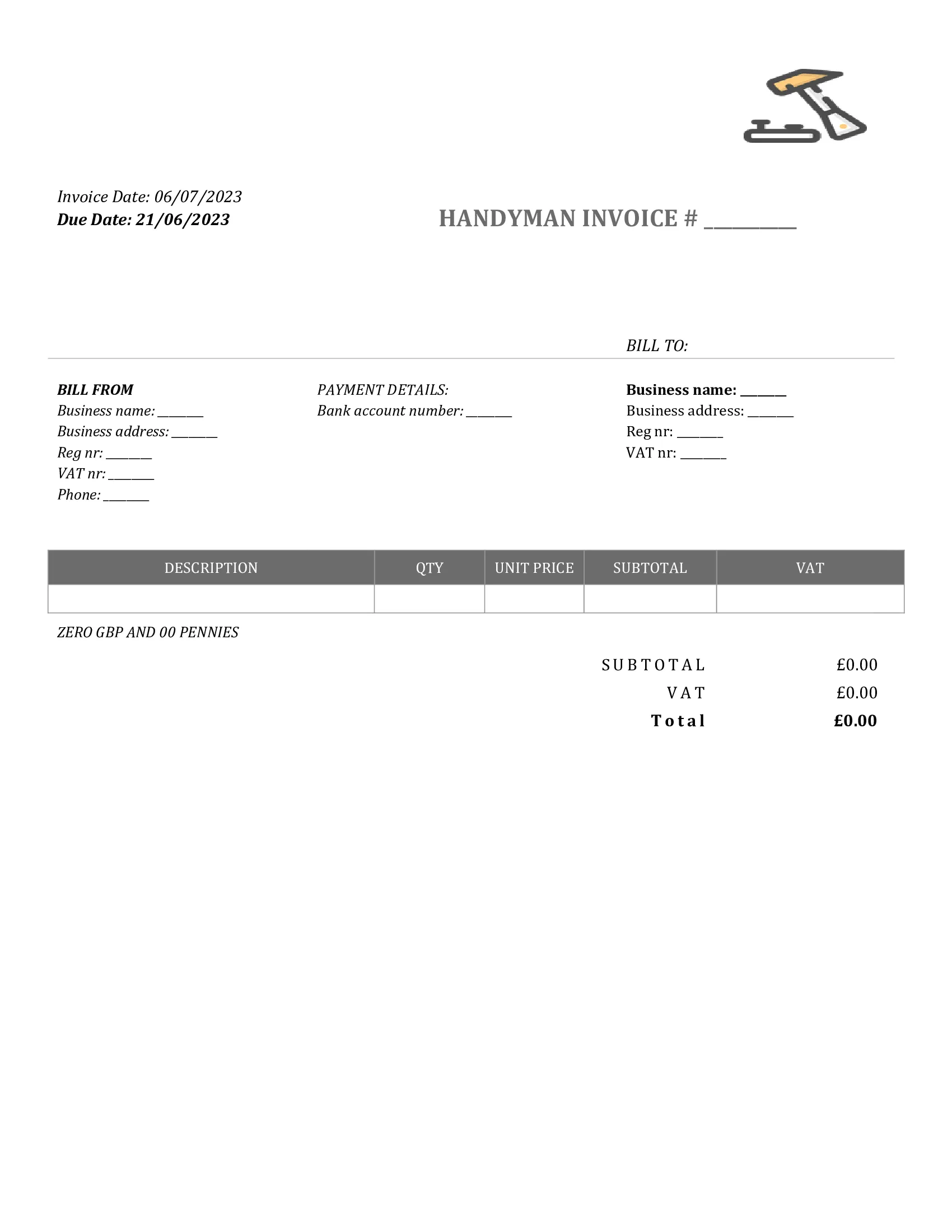 standart handyman invoice template UK Word / Google docs