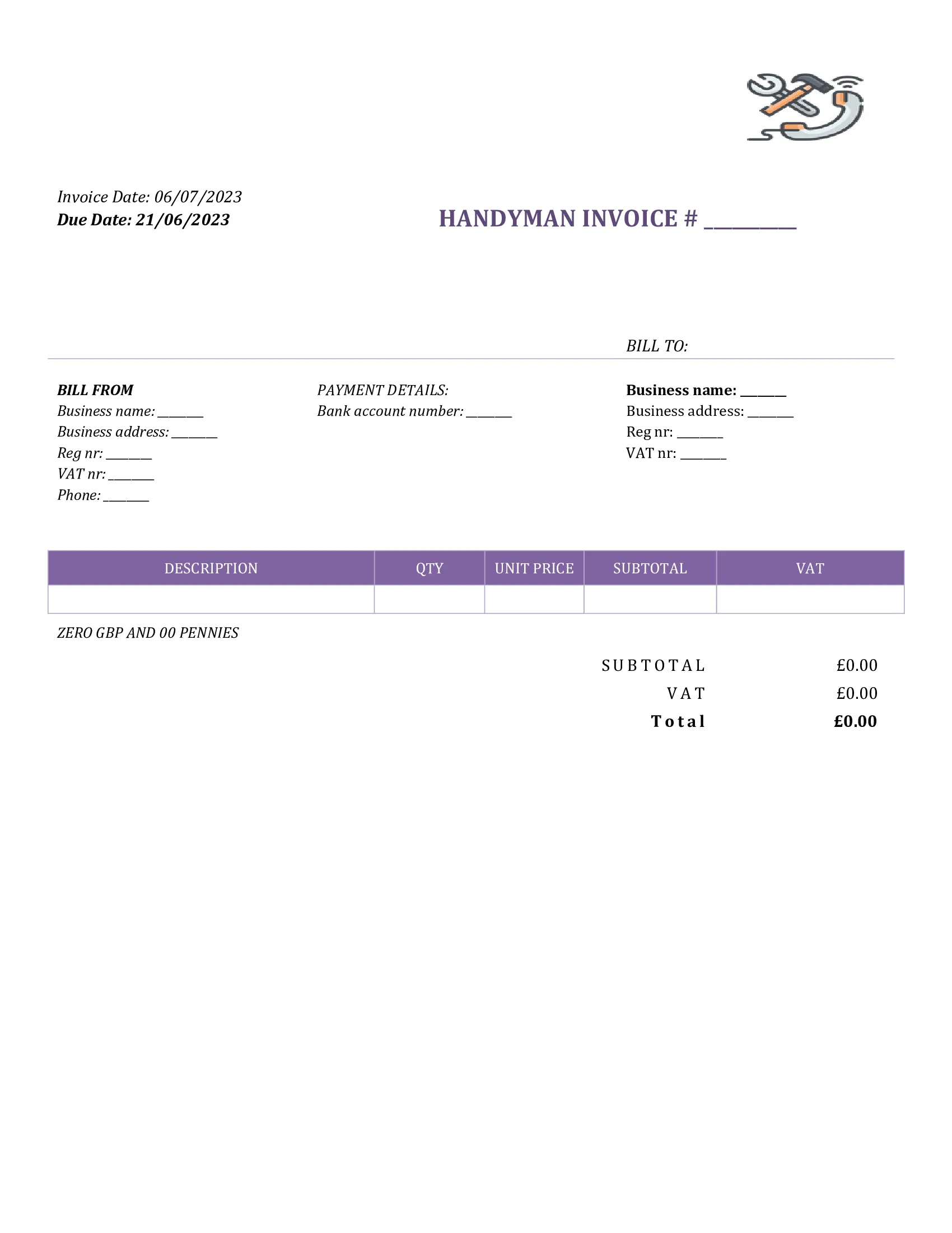 fillable handyman invoice template UK Word / Google docs