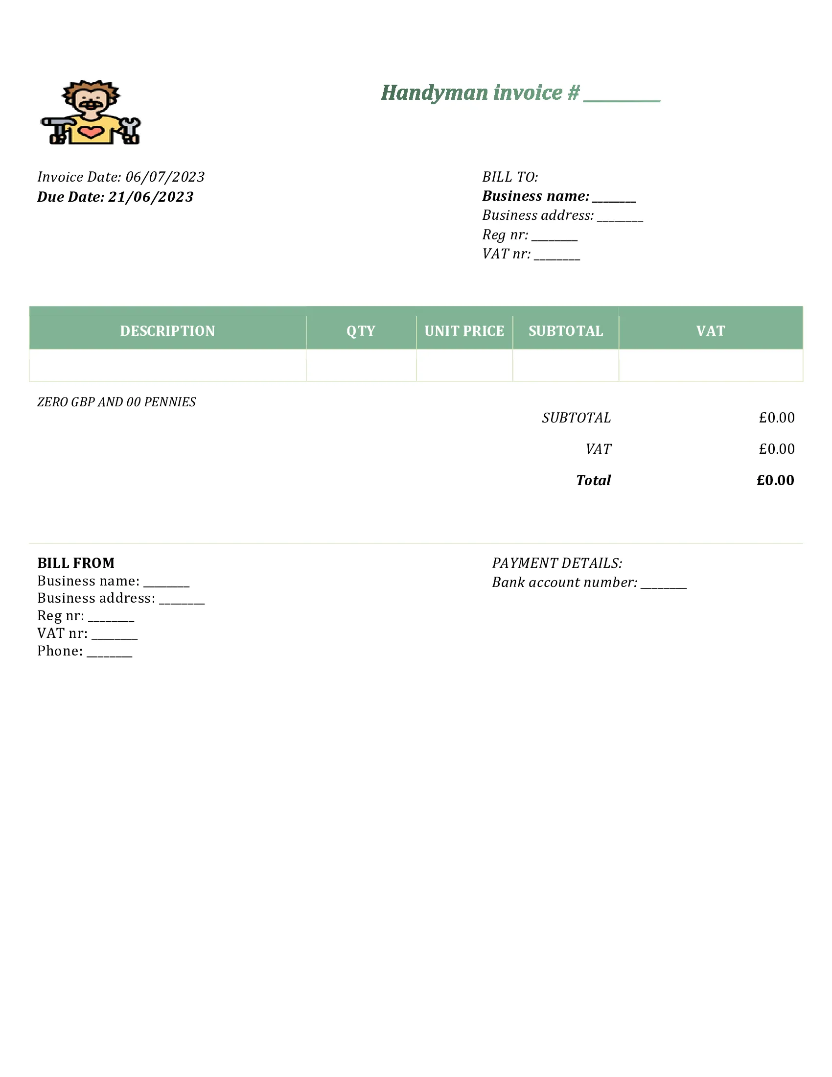 customizable handyman invoice template UK Word / Google docs