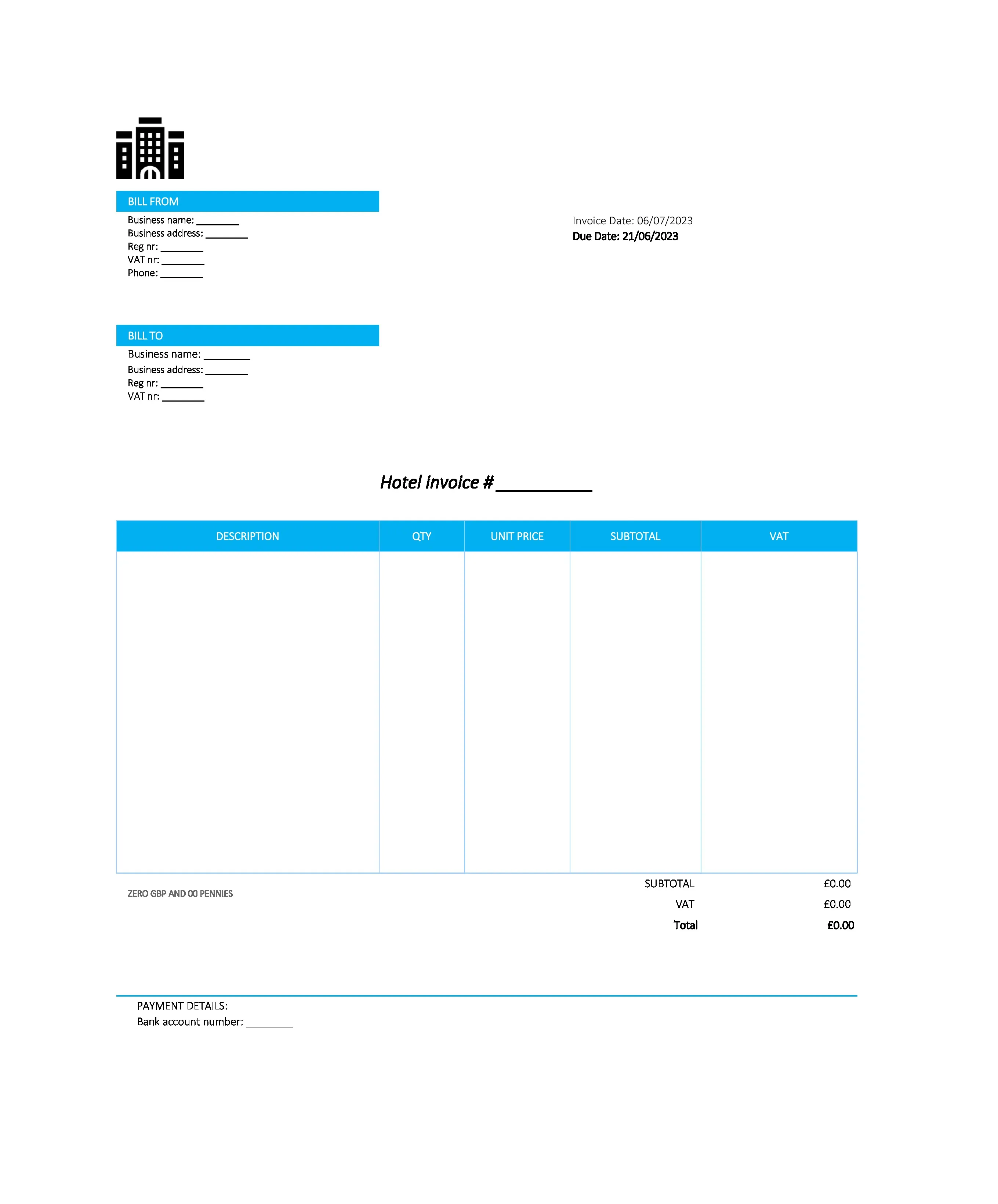 electronic hotel invoice template UK Excel / Google sheets