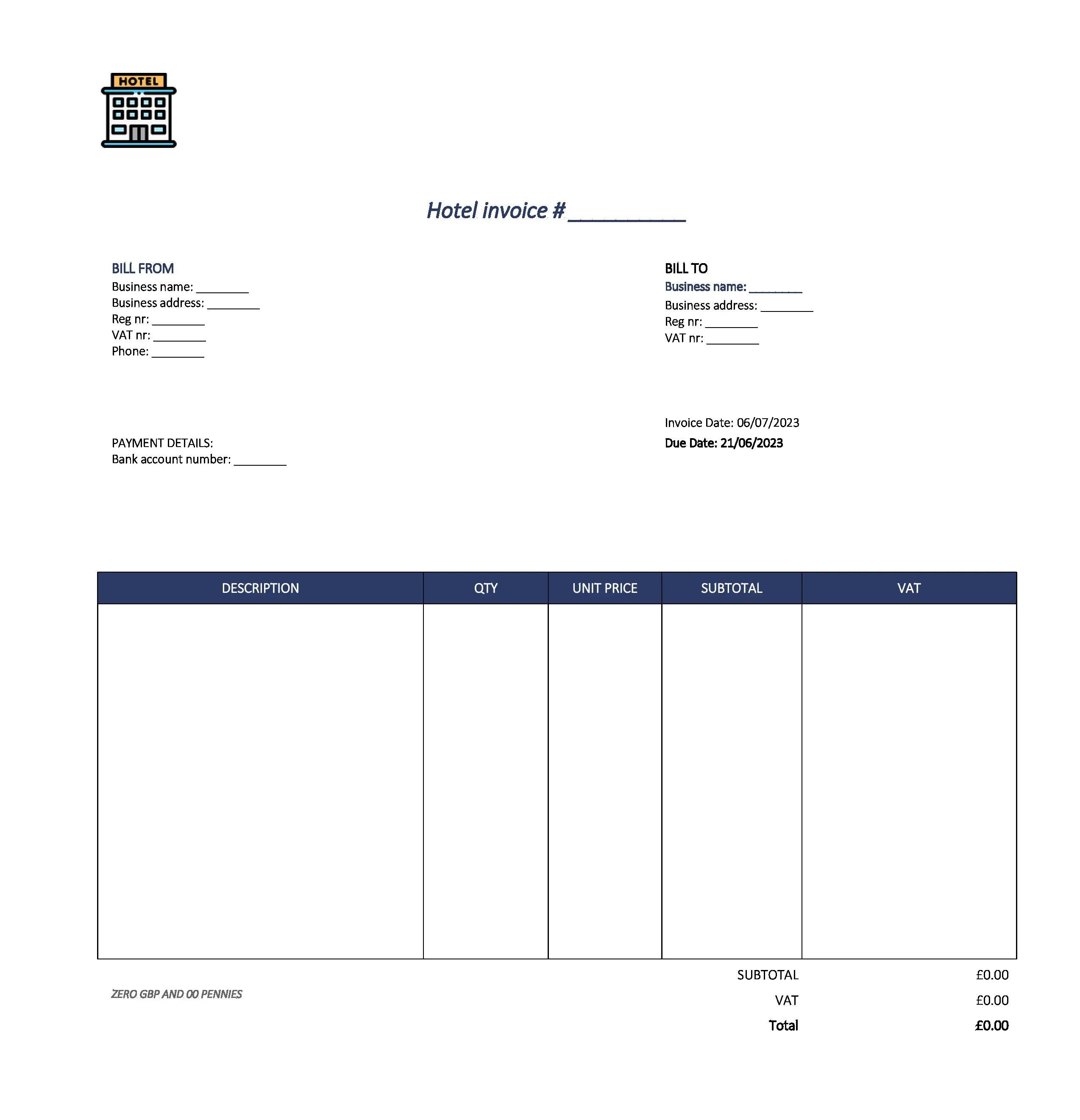detailed hotel invoice template UK Excel / Google sheets