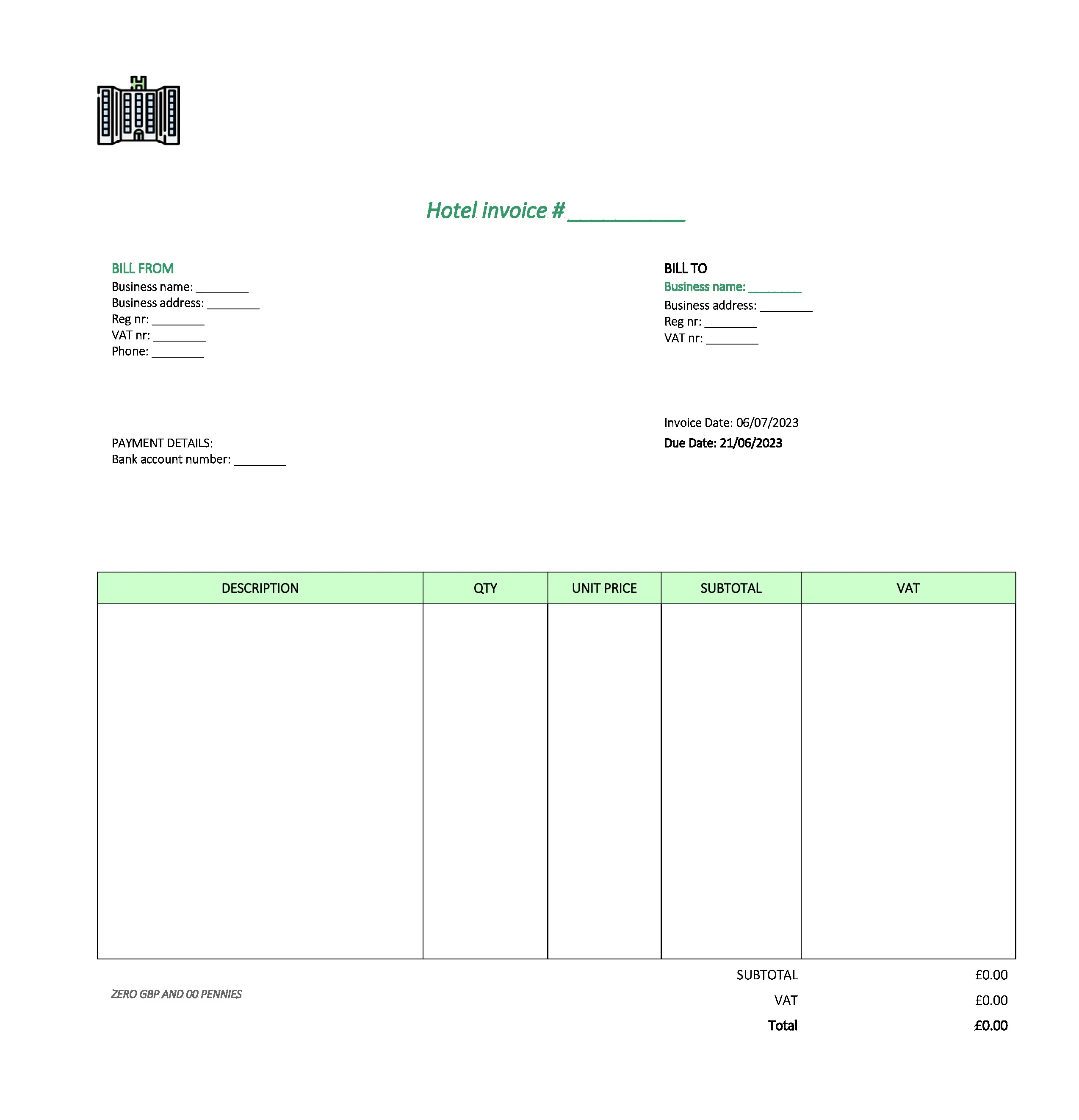 with logo hotel invoice template UK Excel / Google sheets