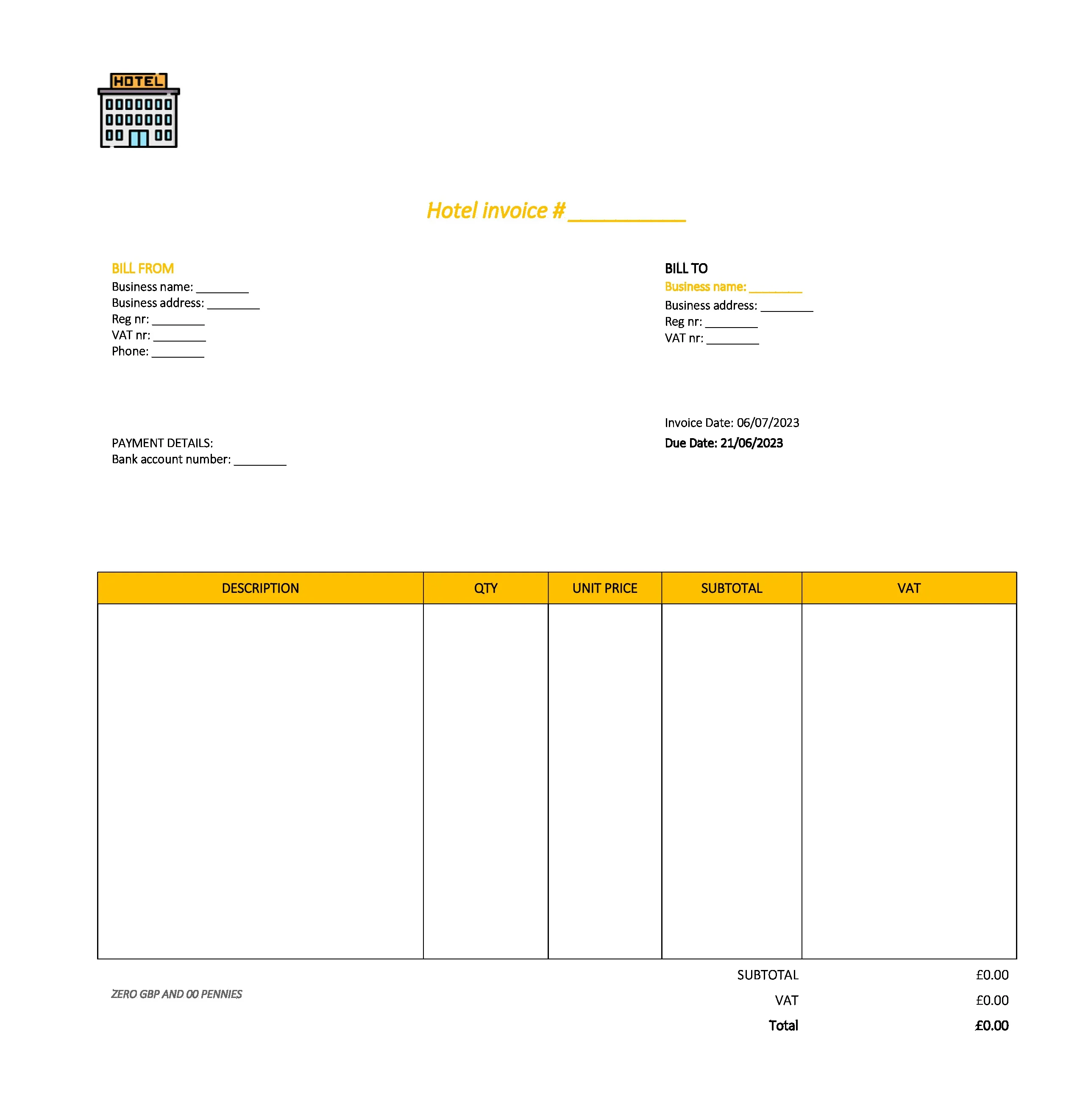 draft hotel invoice template UK Excel / Google sheets
