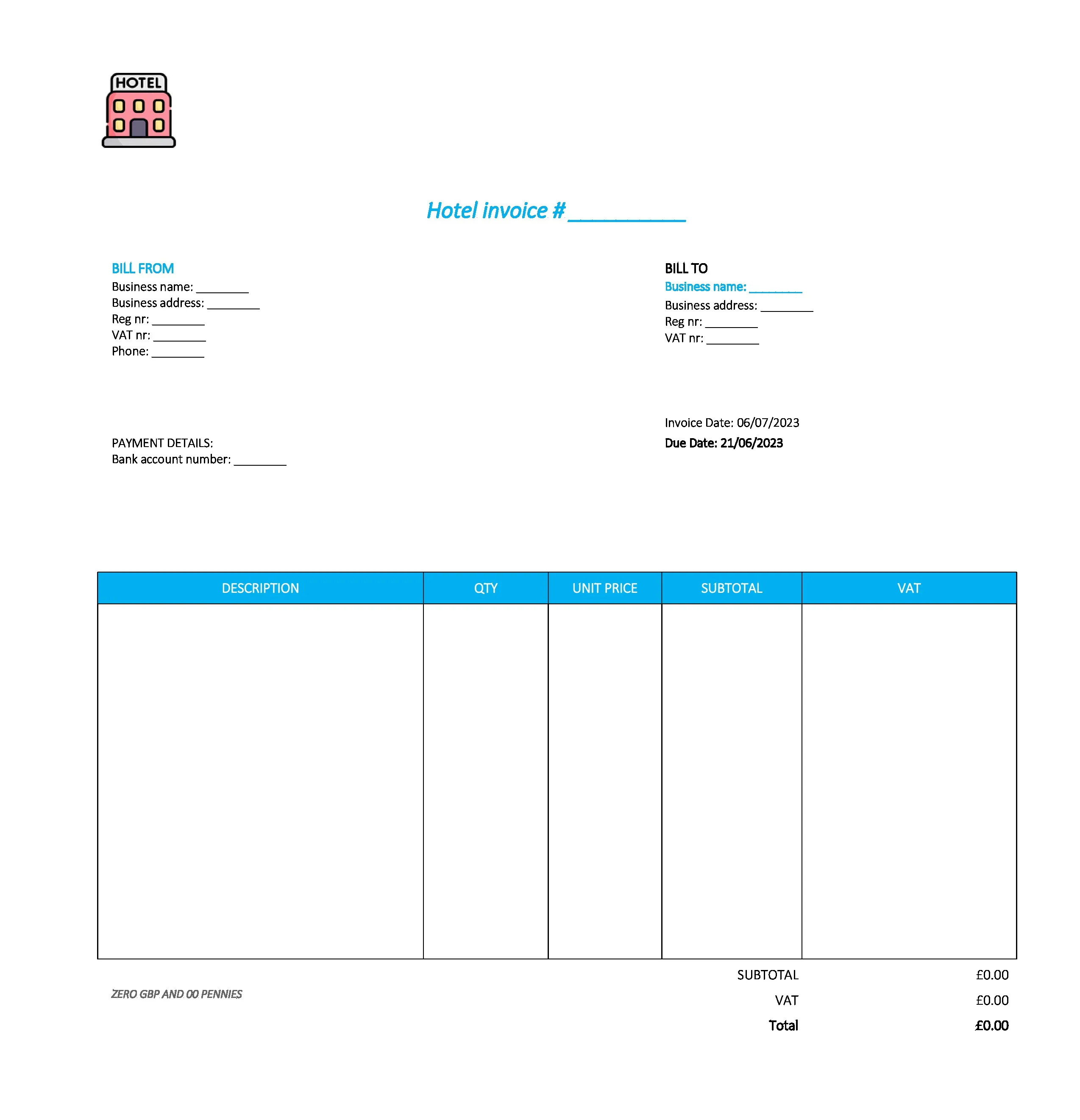 good hotel invoice template UK Excel / Google sheets