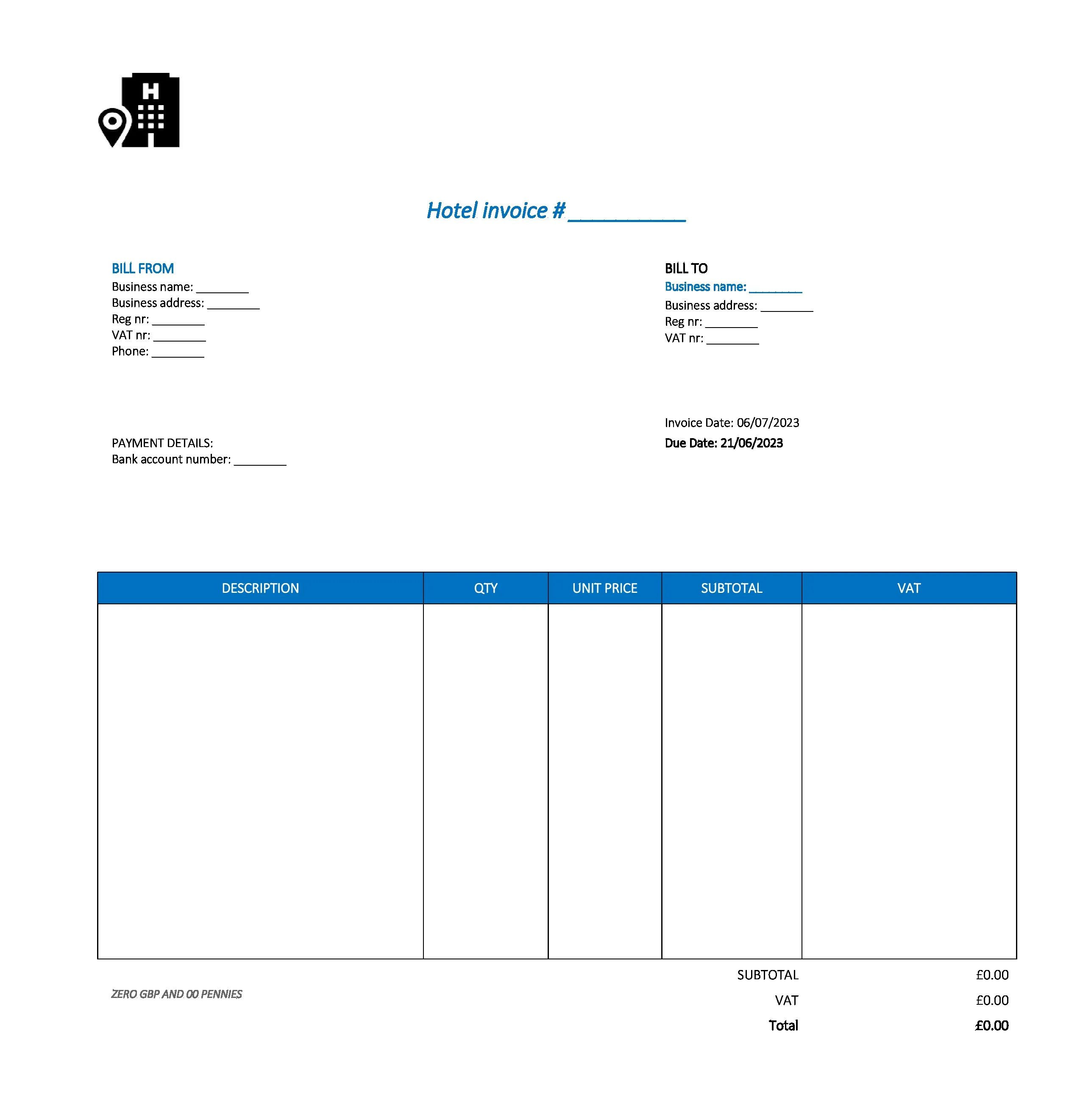 typical hotel invoice template UK Excel / Google sheets