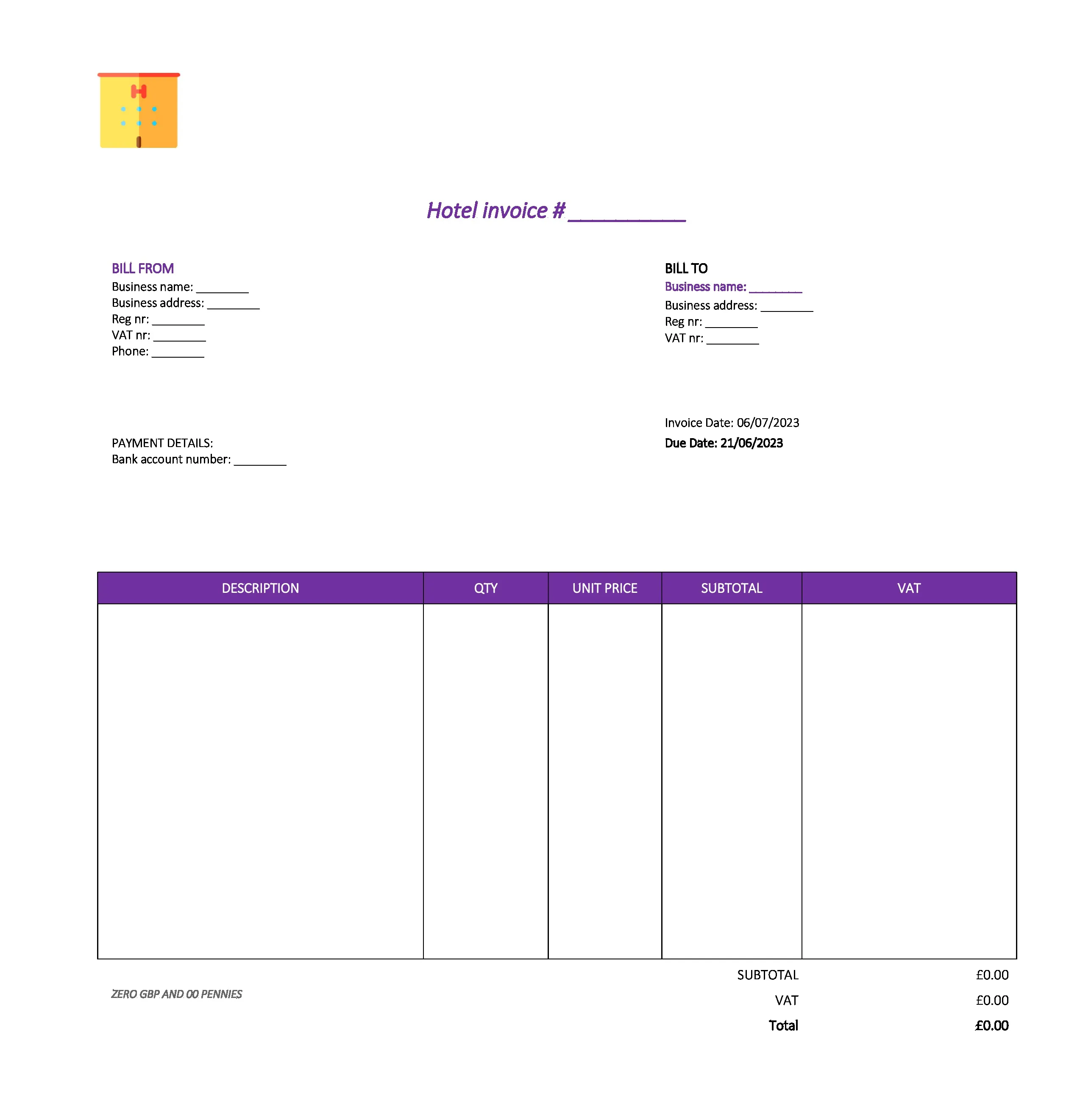 pretty hotel invoice template UK Excel / Google sheets
