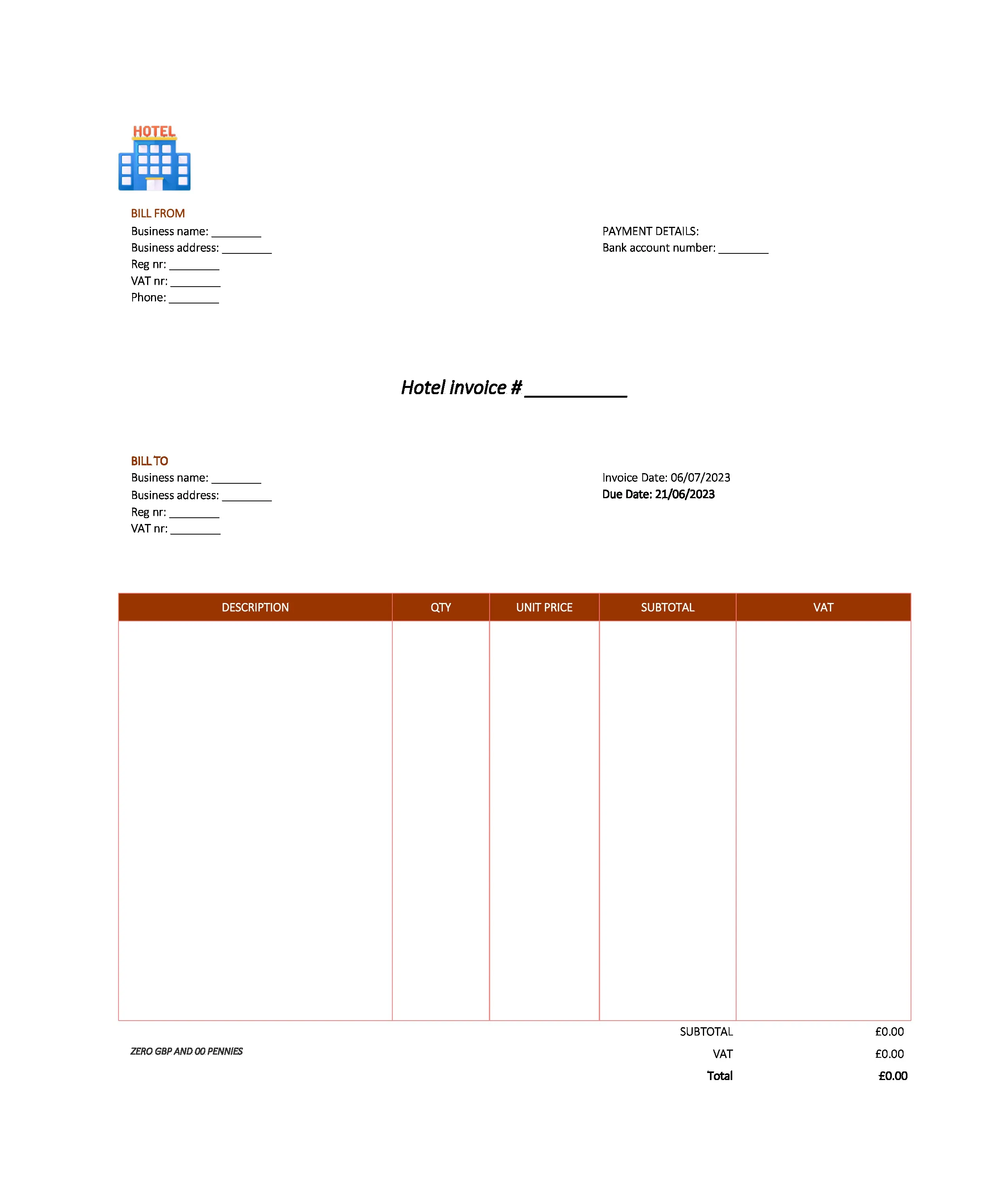 modern hotel invoice template UK Excel / Google sheets