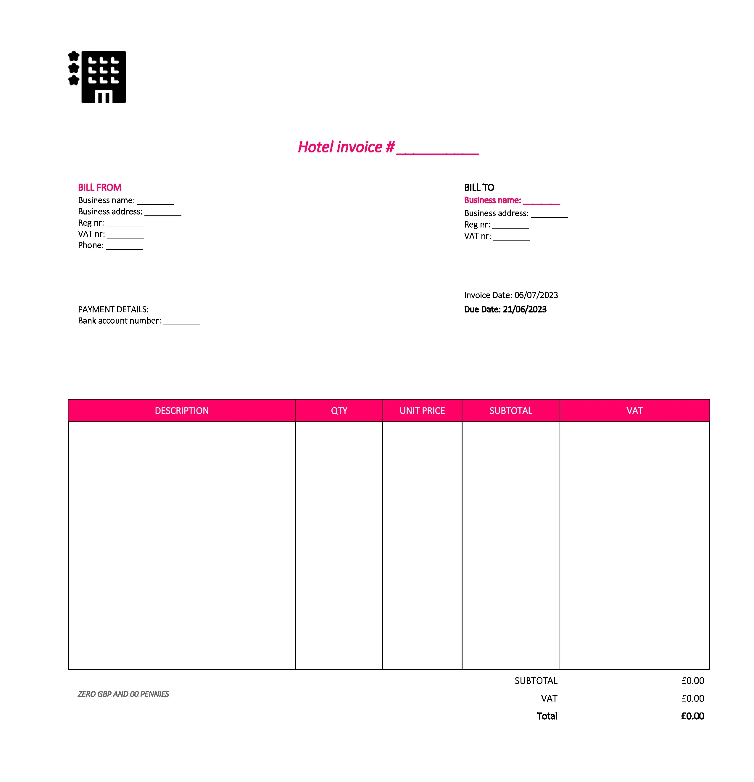 nice hotel invoice template UK Excel / Google sheets