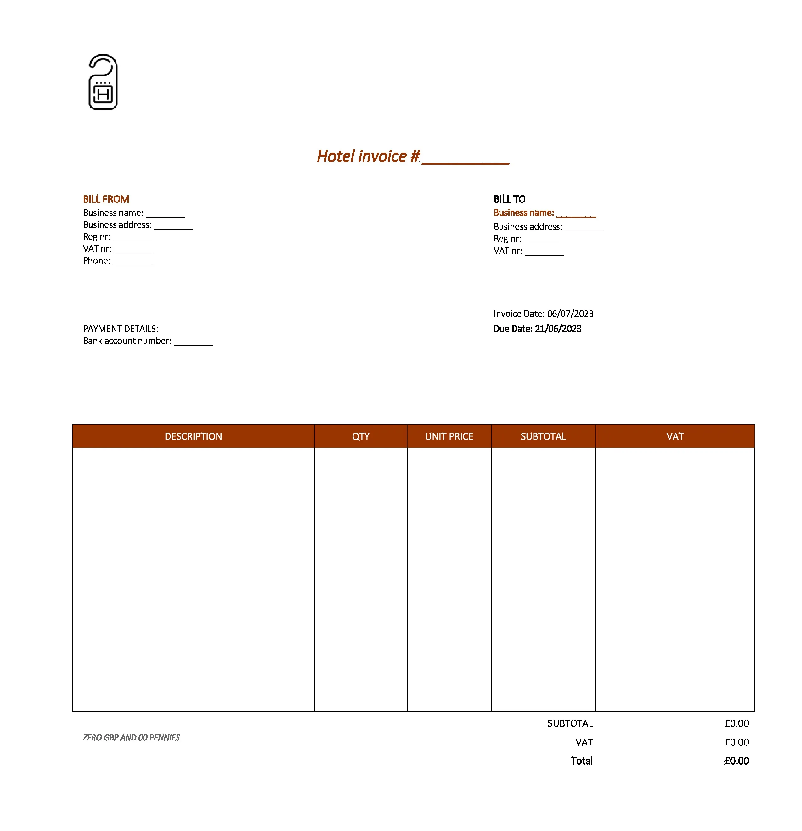 elegant hotel invoice template UK Excel / Google sheets