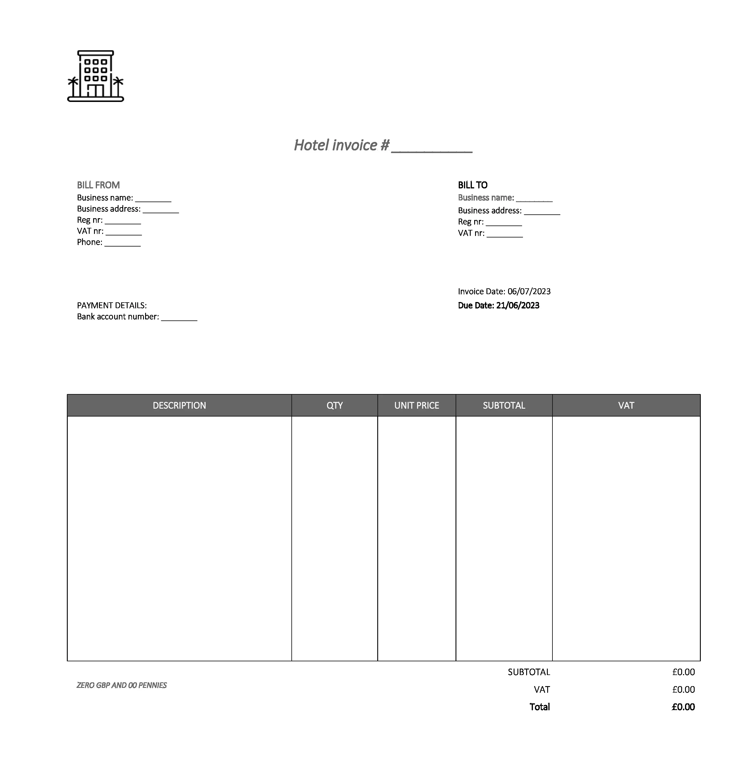 fancy hotel invoice template UK Excel / Google sheets
