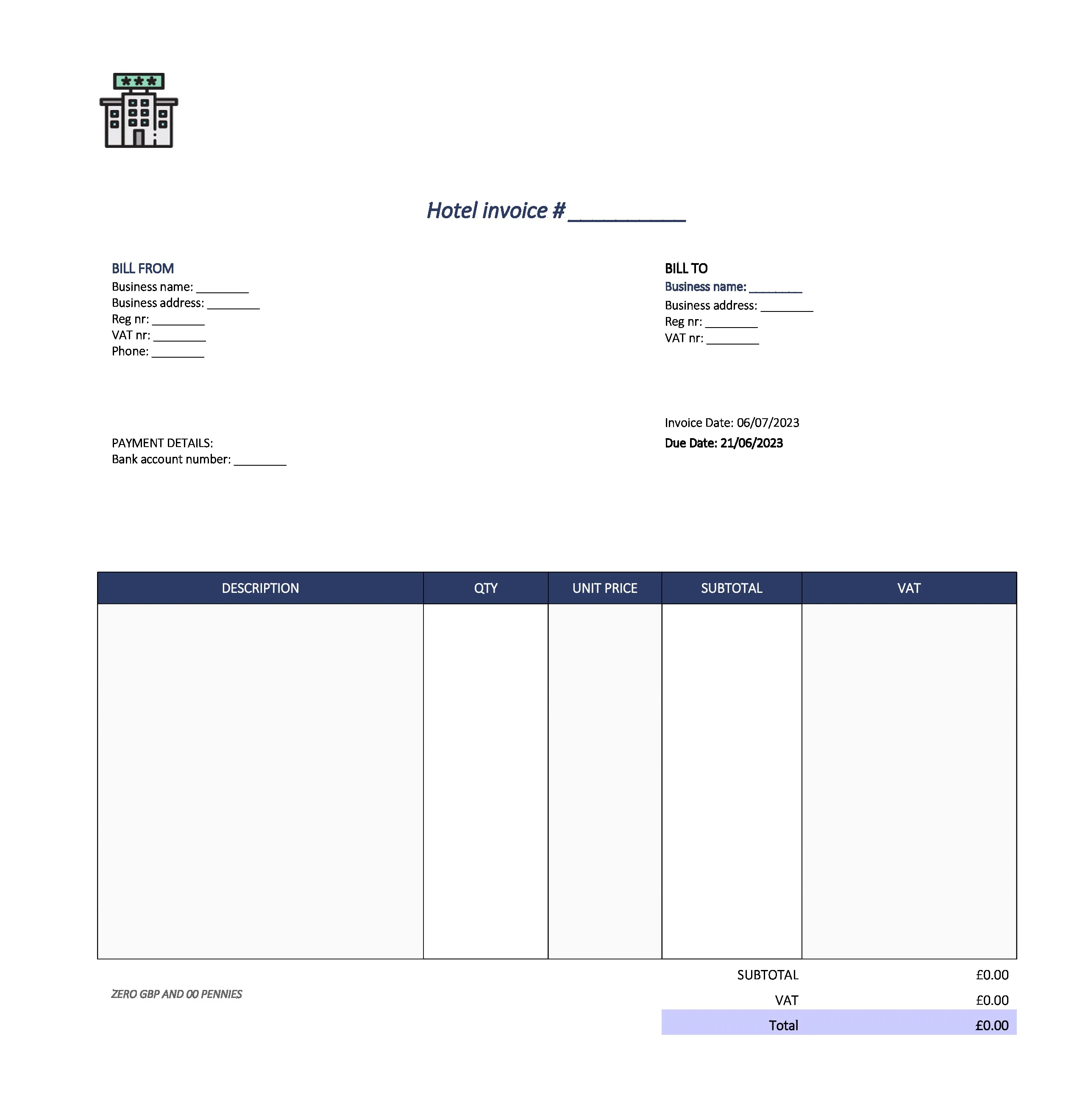 cute hotel invoice template UK Excel / Google sheets
