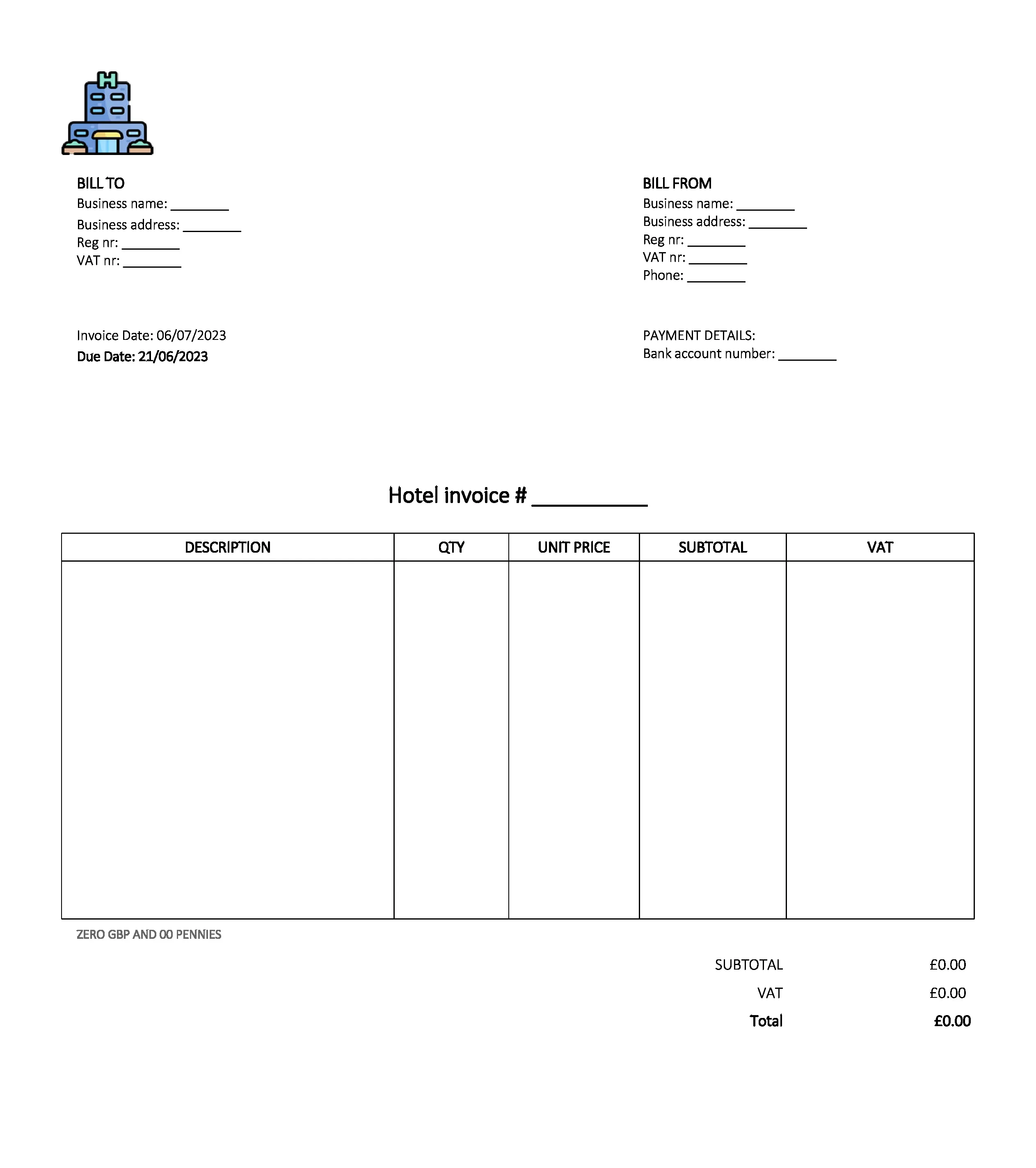 email deliverable hotel invoice template UK Excel / Google sheets