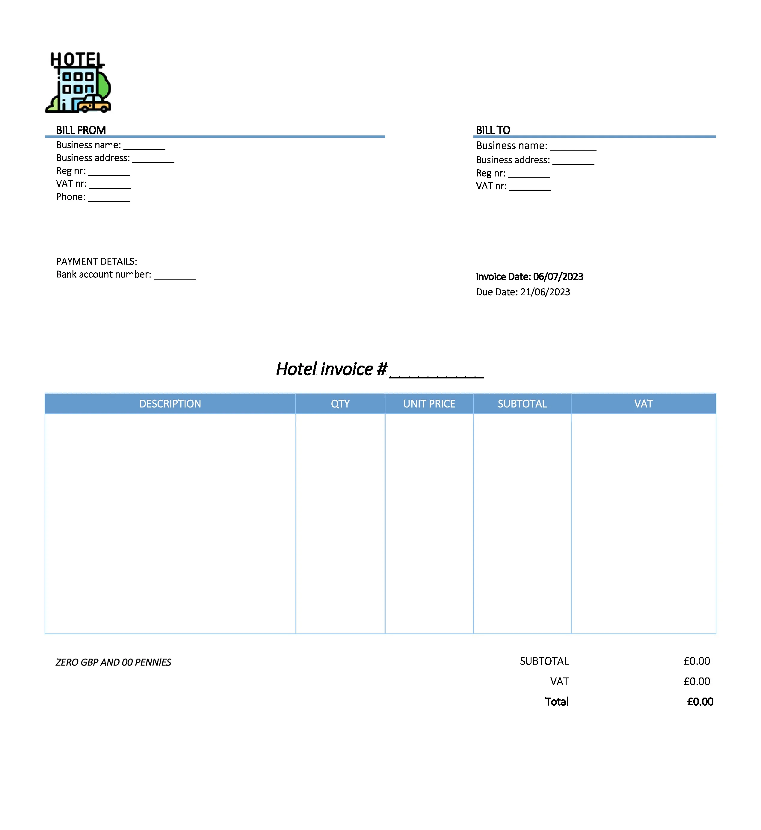 with bank details hotel invoice template UK Excel / Google sheets