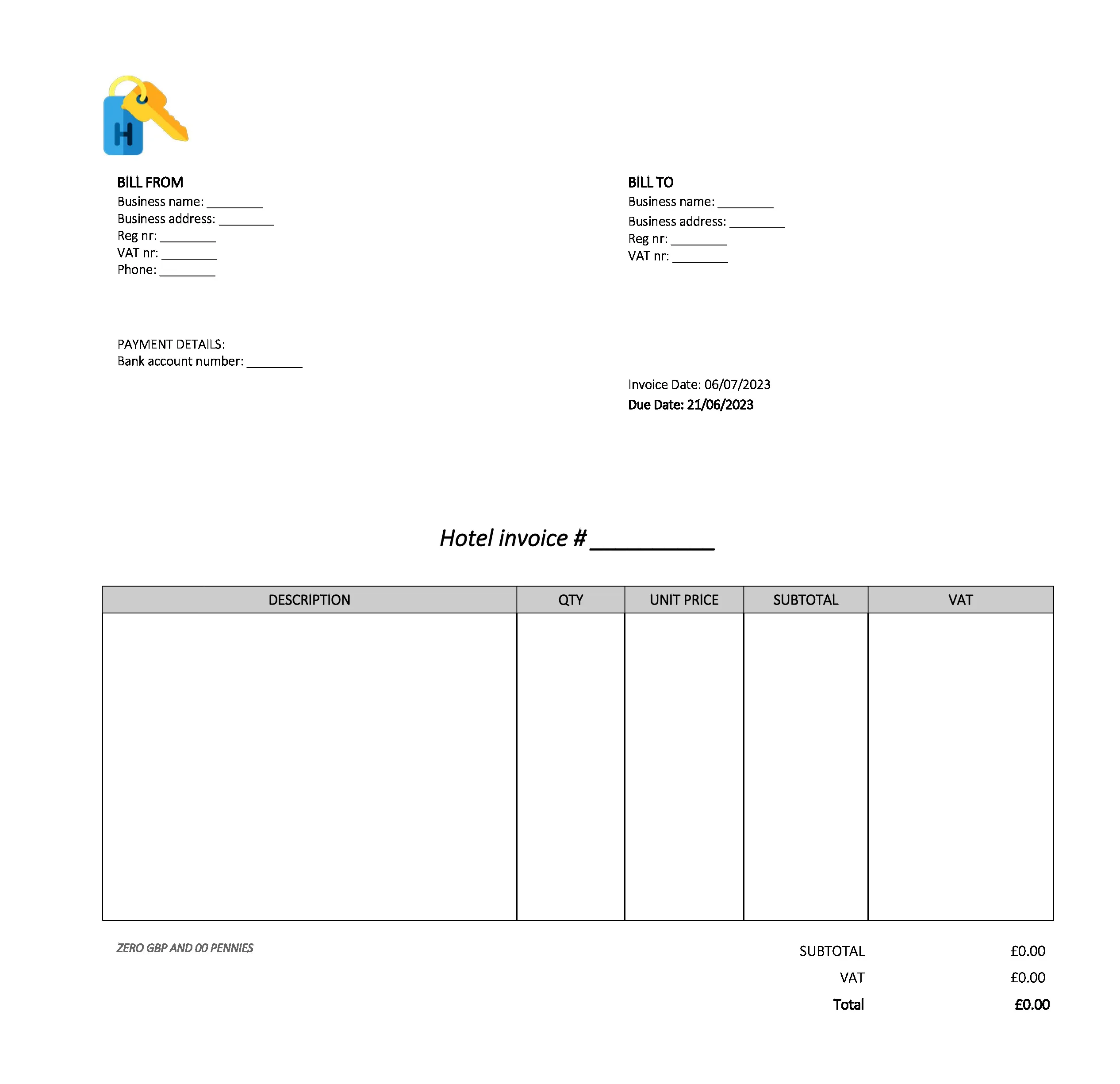 empty hotel invoice template UK Excel / Google sheets