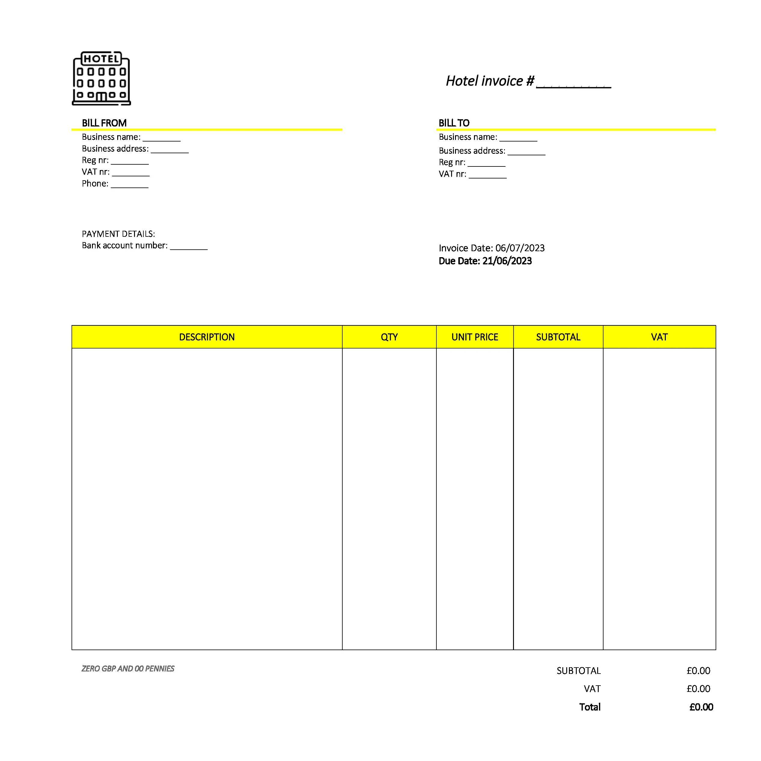 formal hotel invoice template UK Excel / Google sheets