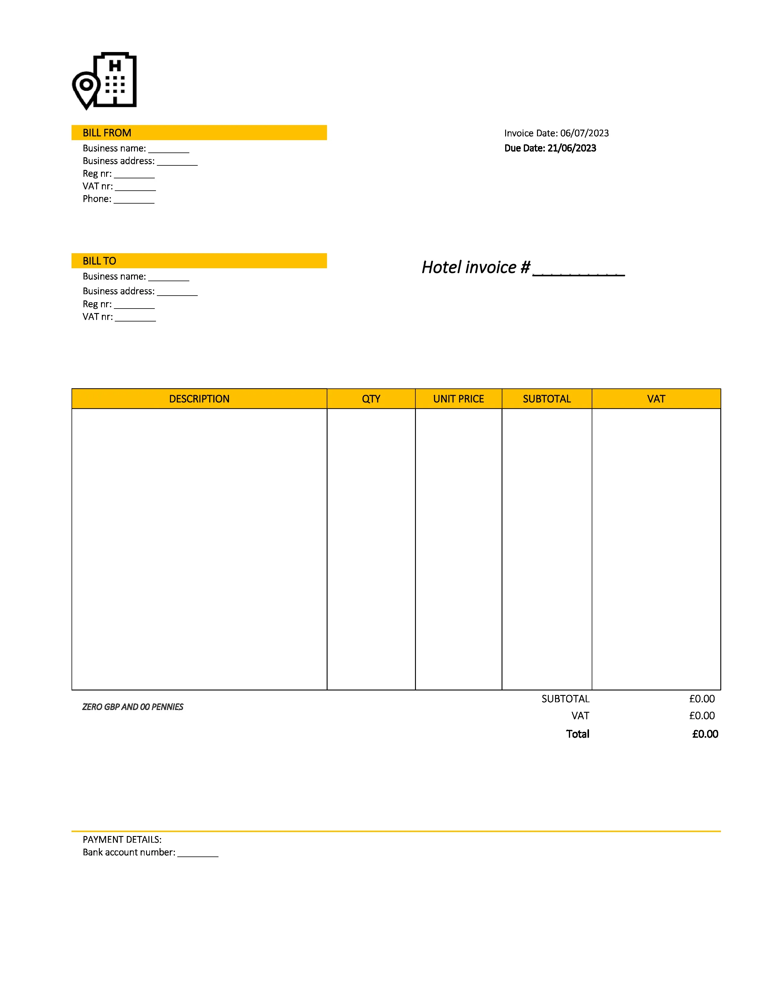 creative hotel invoice template UK Excel / Google sheets