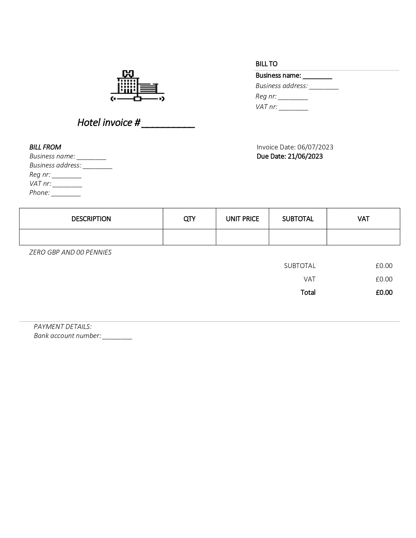 downloadable hotel invoice template UK Word / Google docs