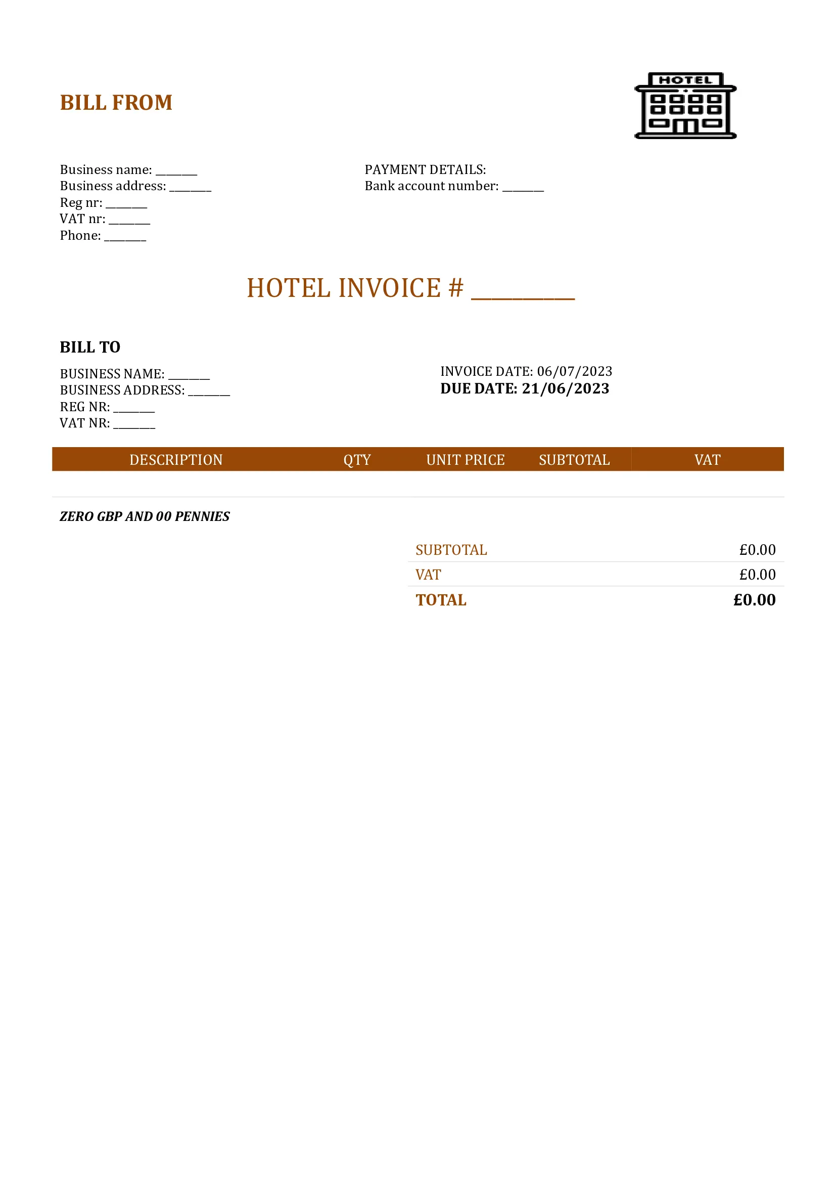 blank hotel invoice template UK Word / Google docs