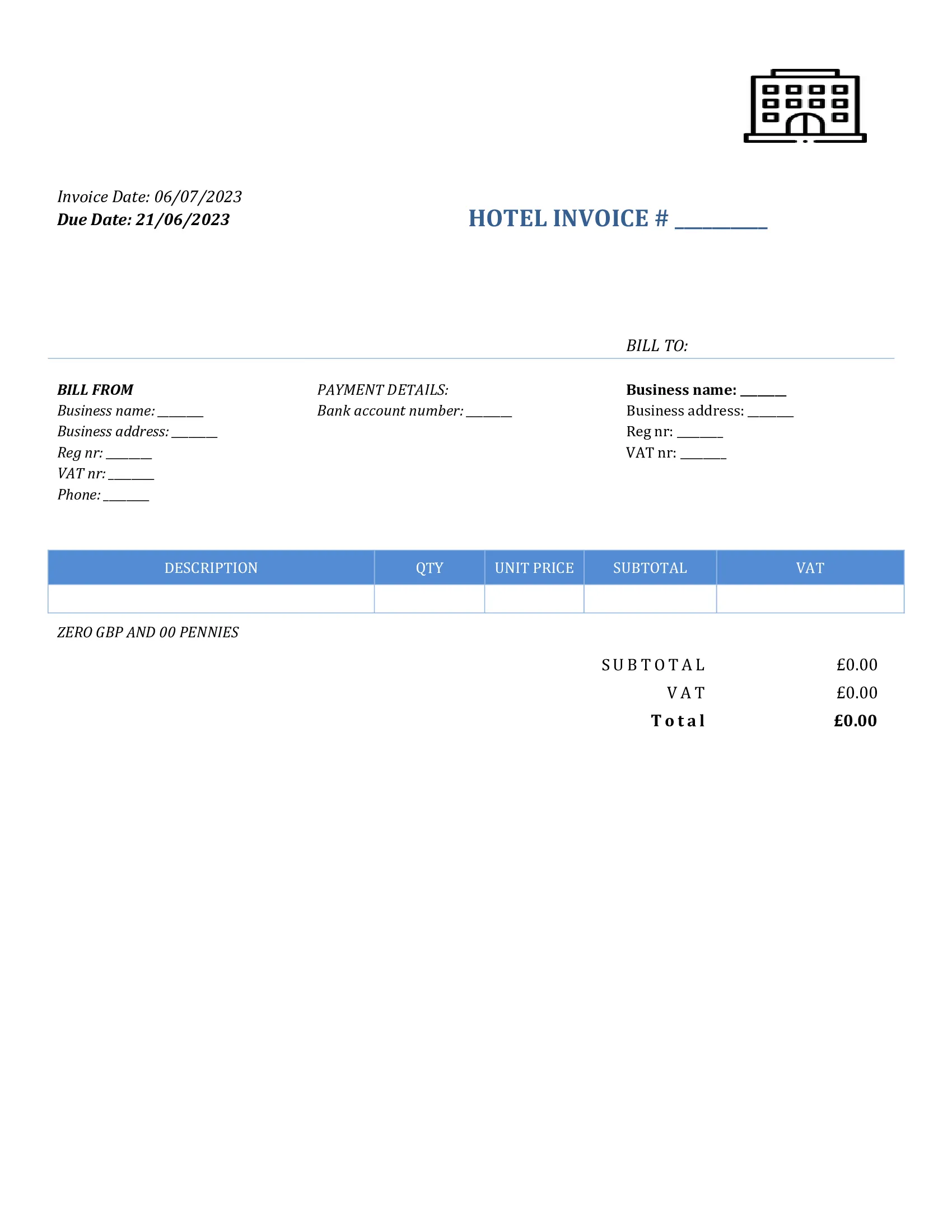 basic hotel invoice template UK Word / Google docs