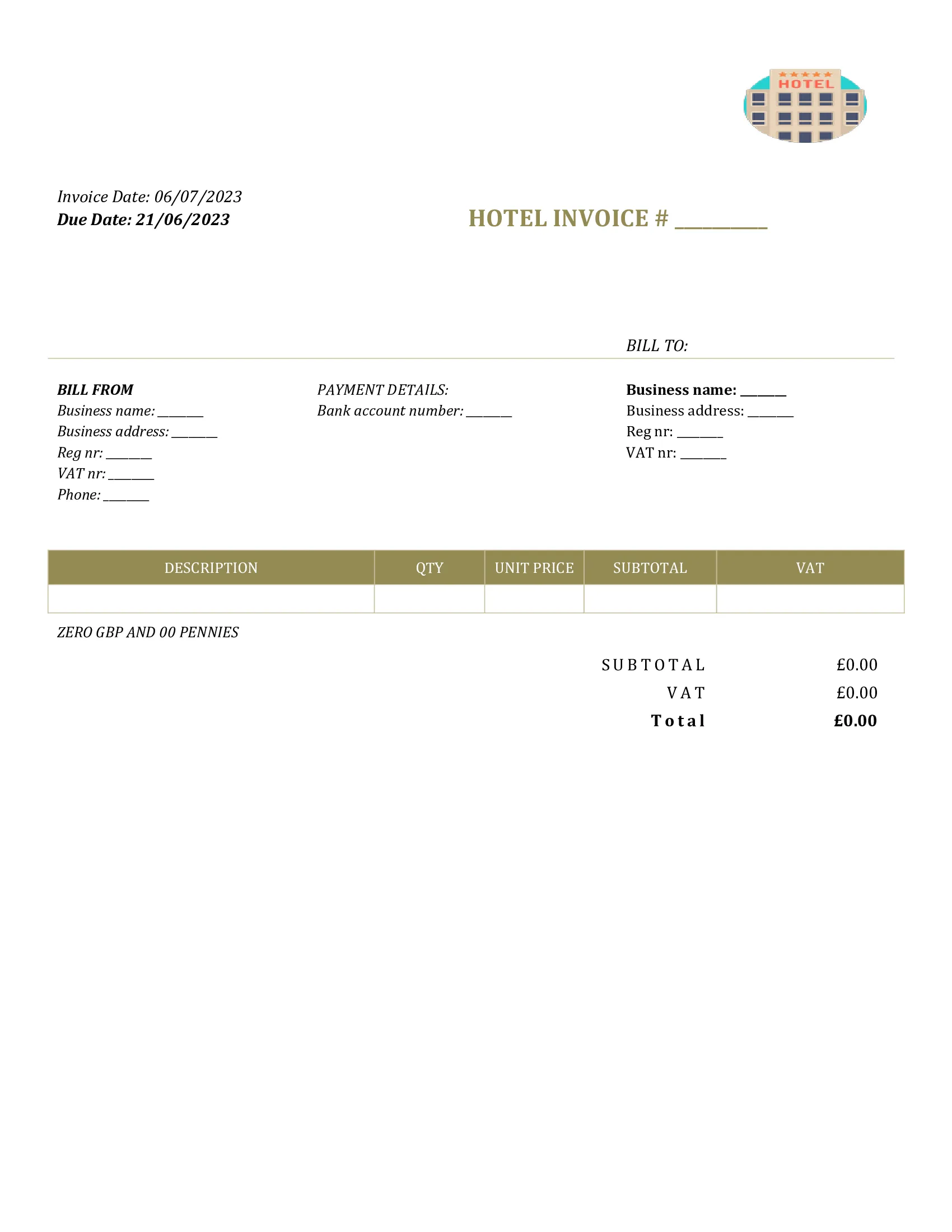 generic hotel invoice template UK Word / Google docs